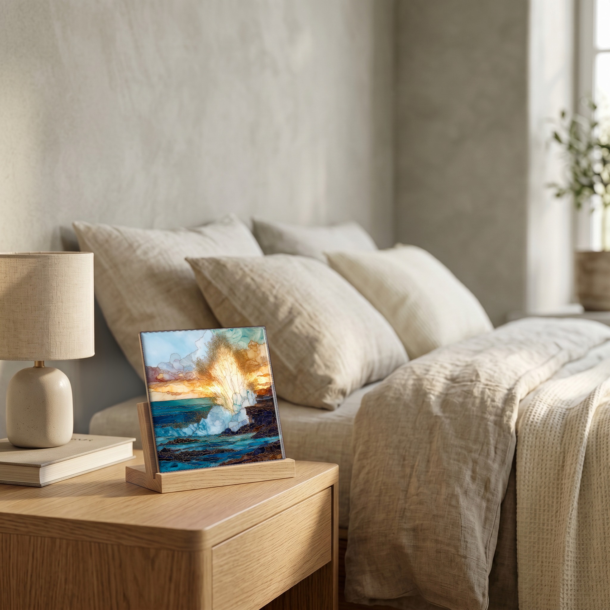 On the nightstand, on a light oak stand.