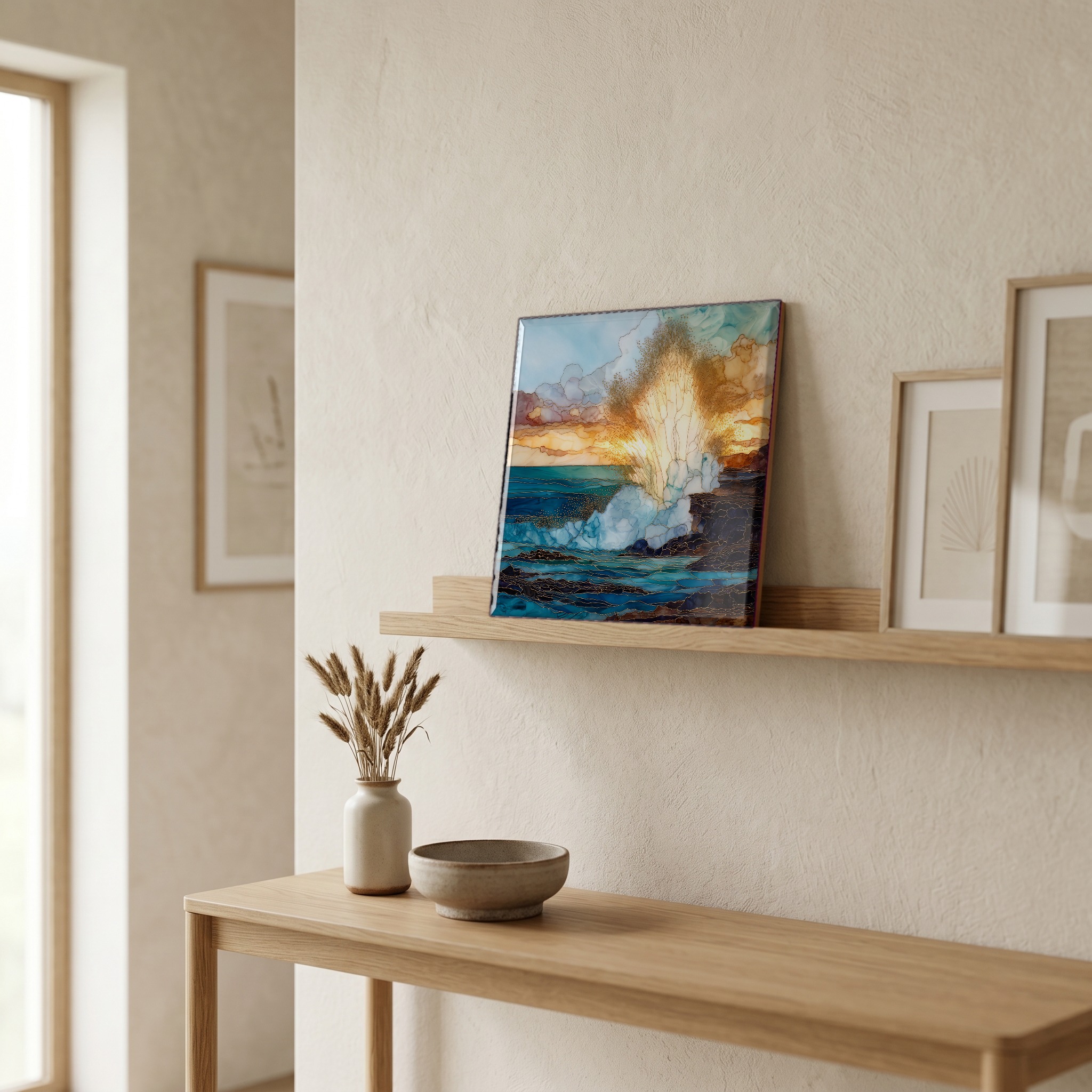 On a picture ledge, where the light comes in.
