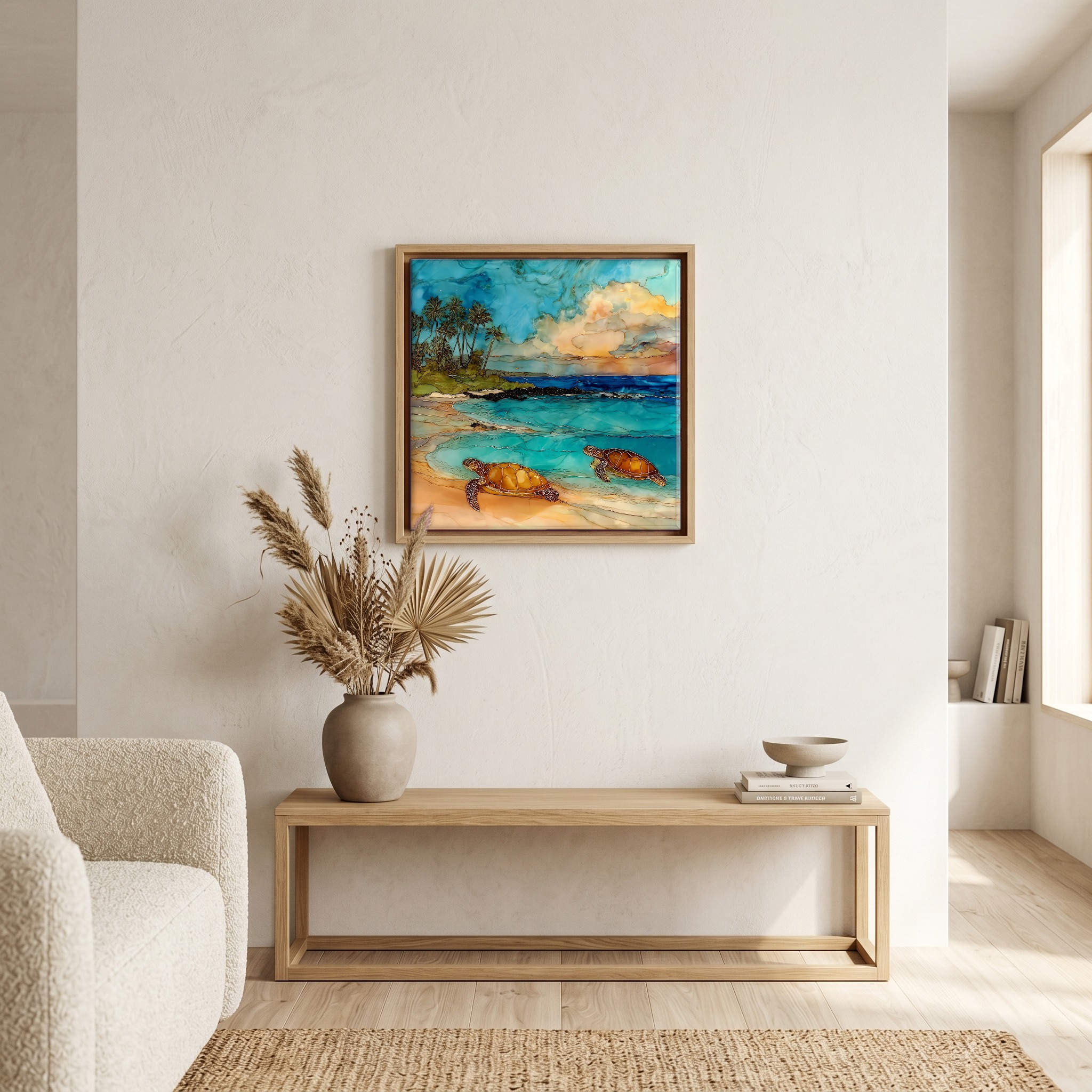 Above the bench, in a warm oak surround.
