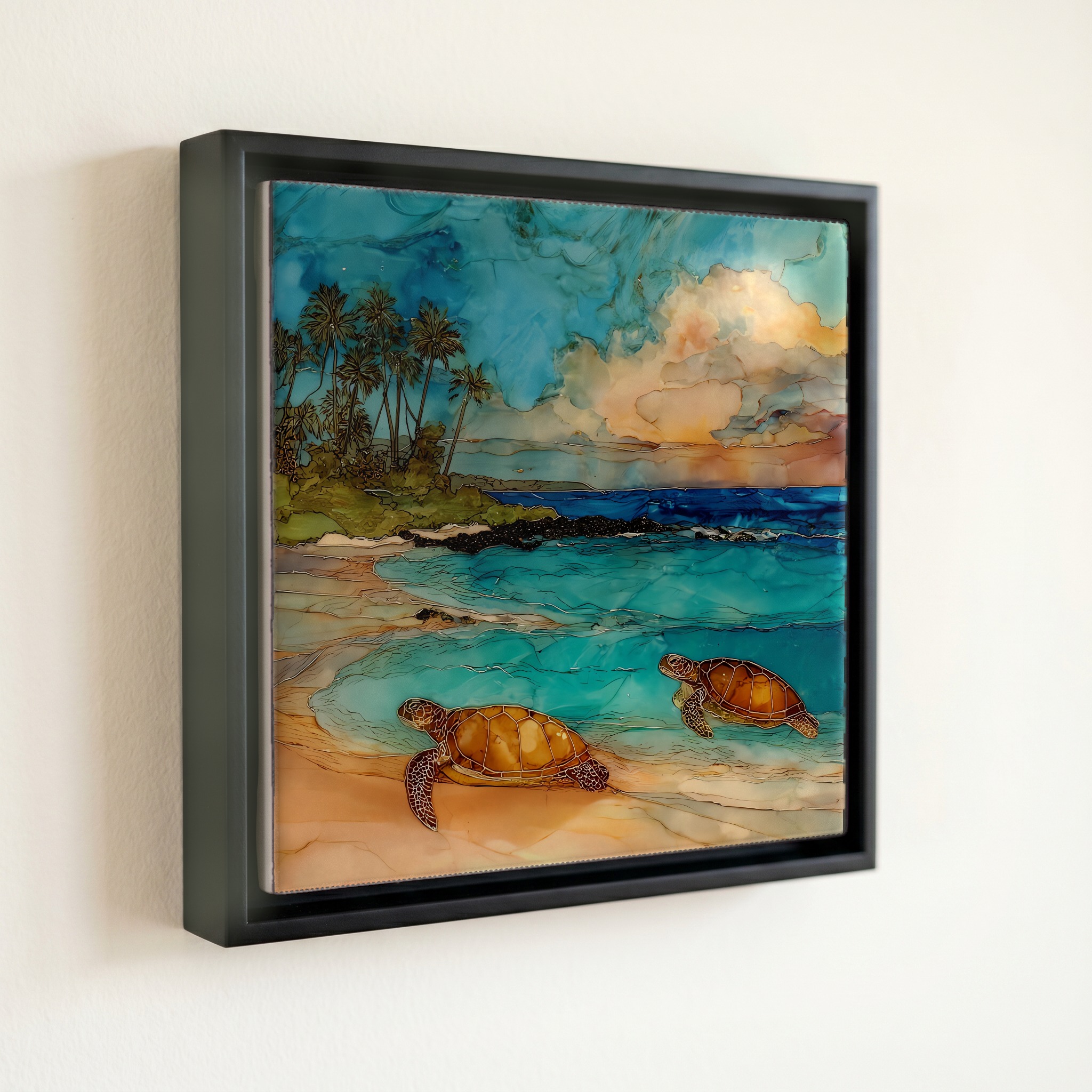 shown in a slim black floating frame · 6 × 6 in