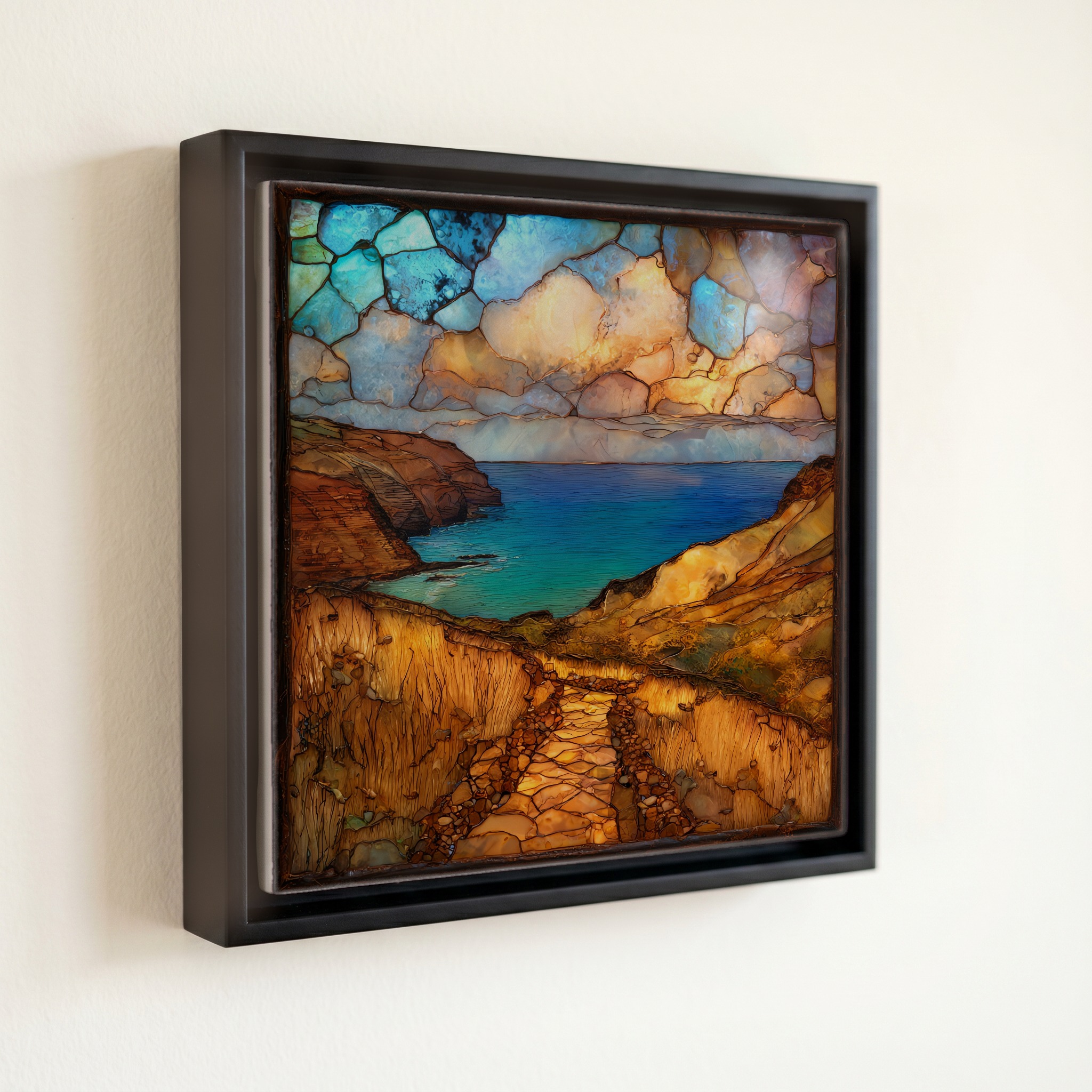 shown in a slim black floating frame · 6 × 6 in