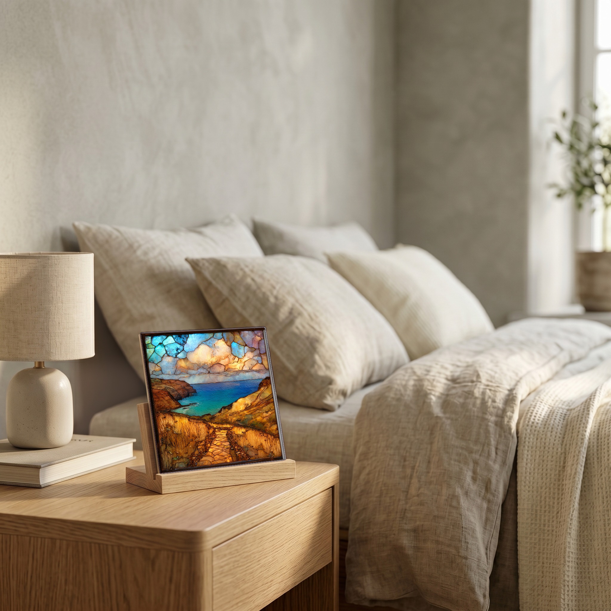 On the nightstand, on a light oak stand.