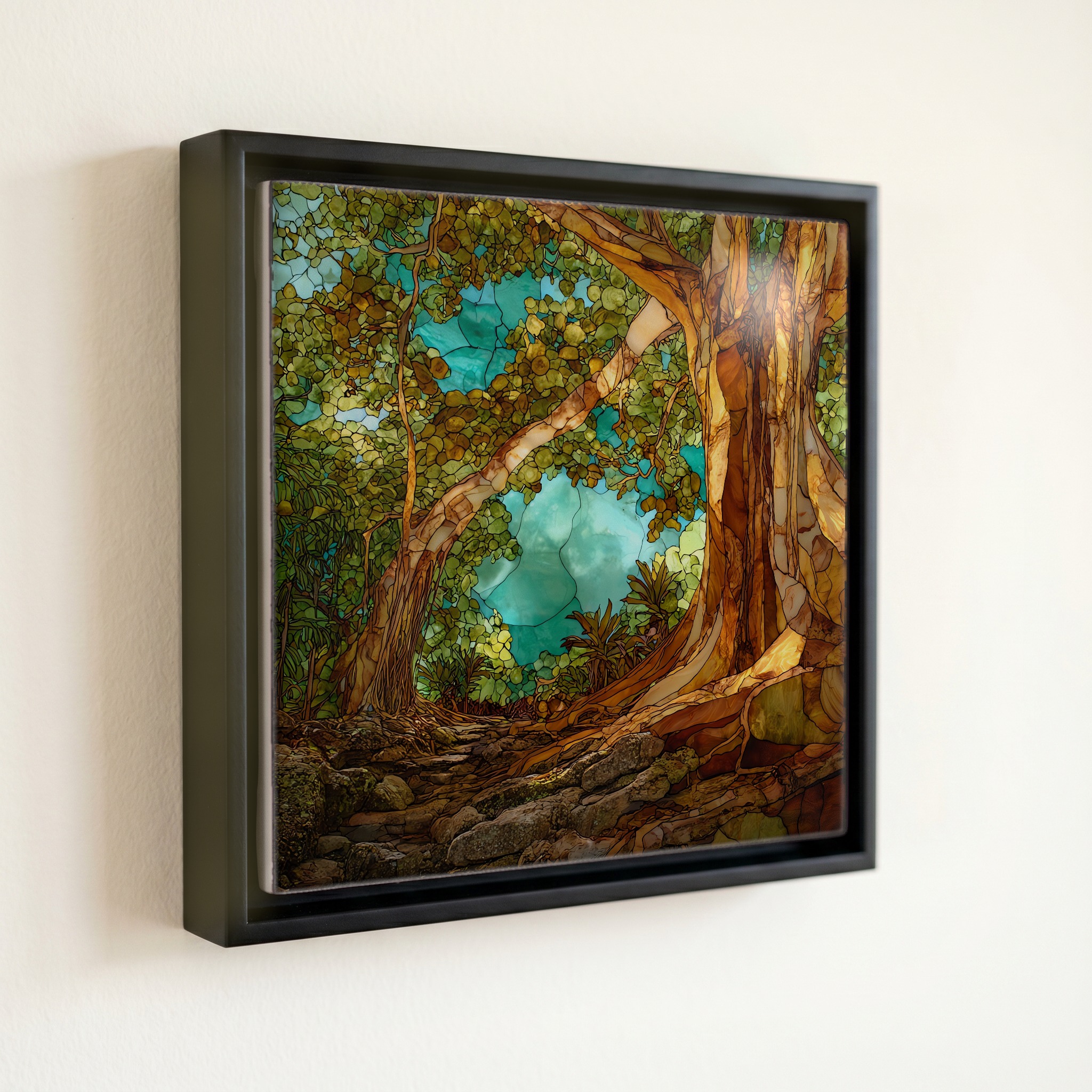 shown in a slim black floating frame · 6 × 6 in