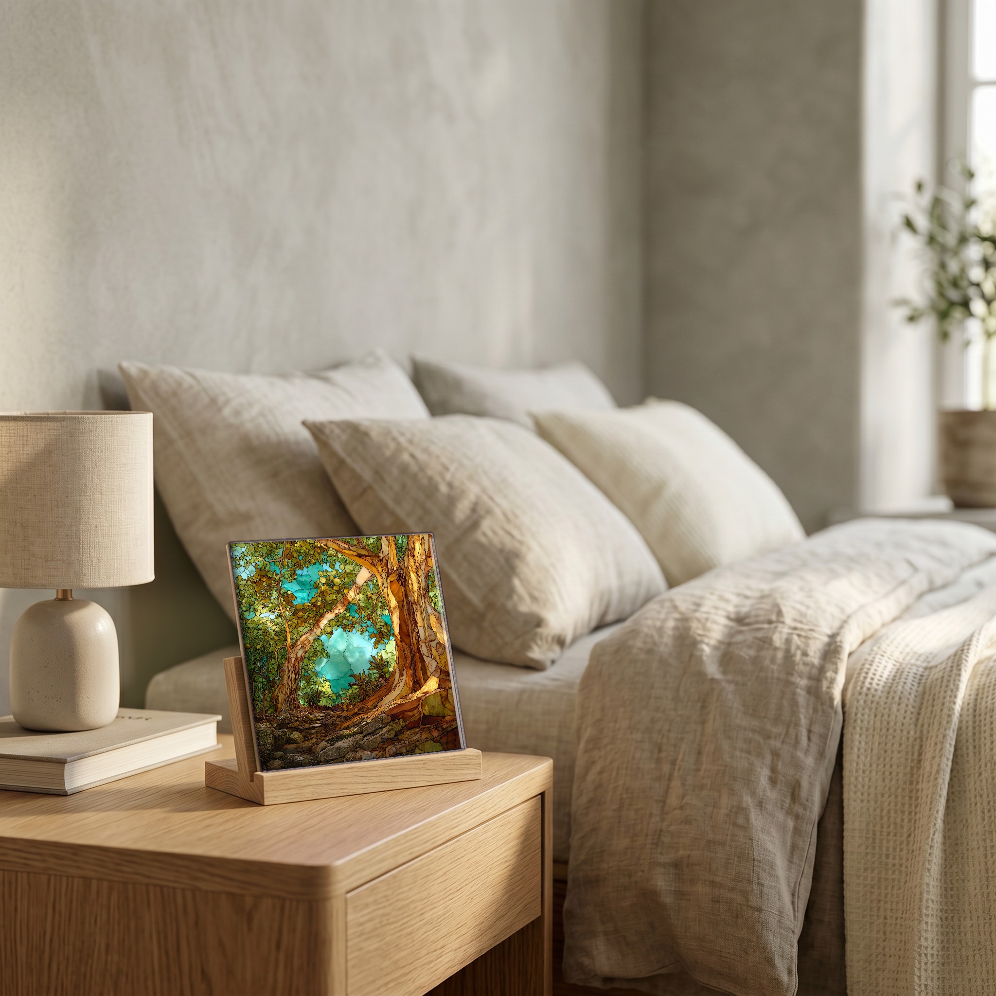 On the nightstand, on a light oak stand.