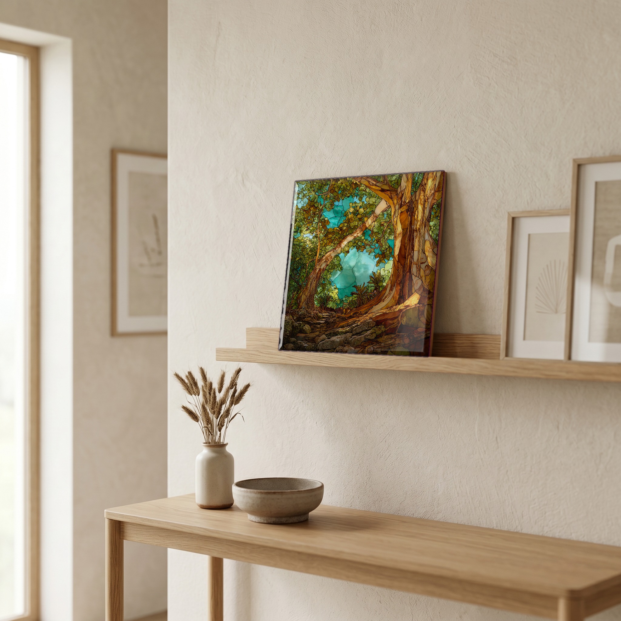 On a picture ledge, where the light comes in.