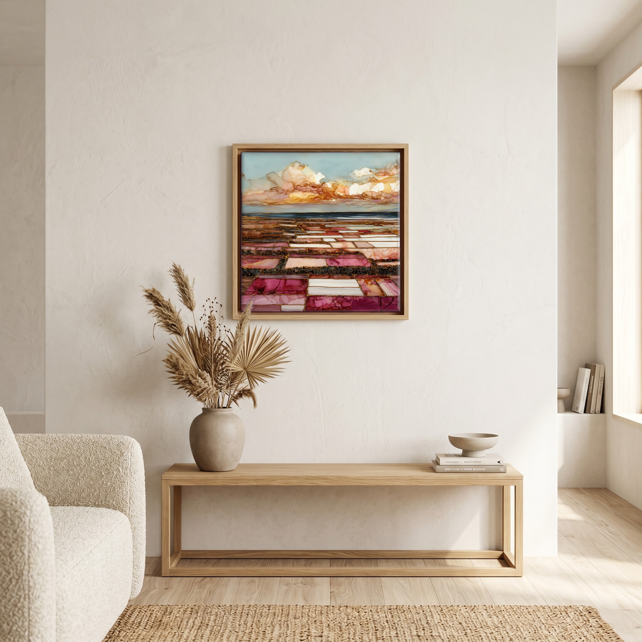 Above the bench, in a warm oak surround.
