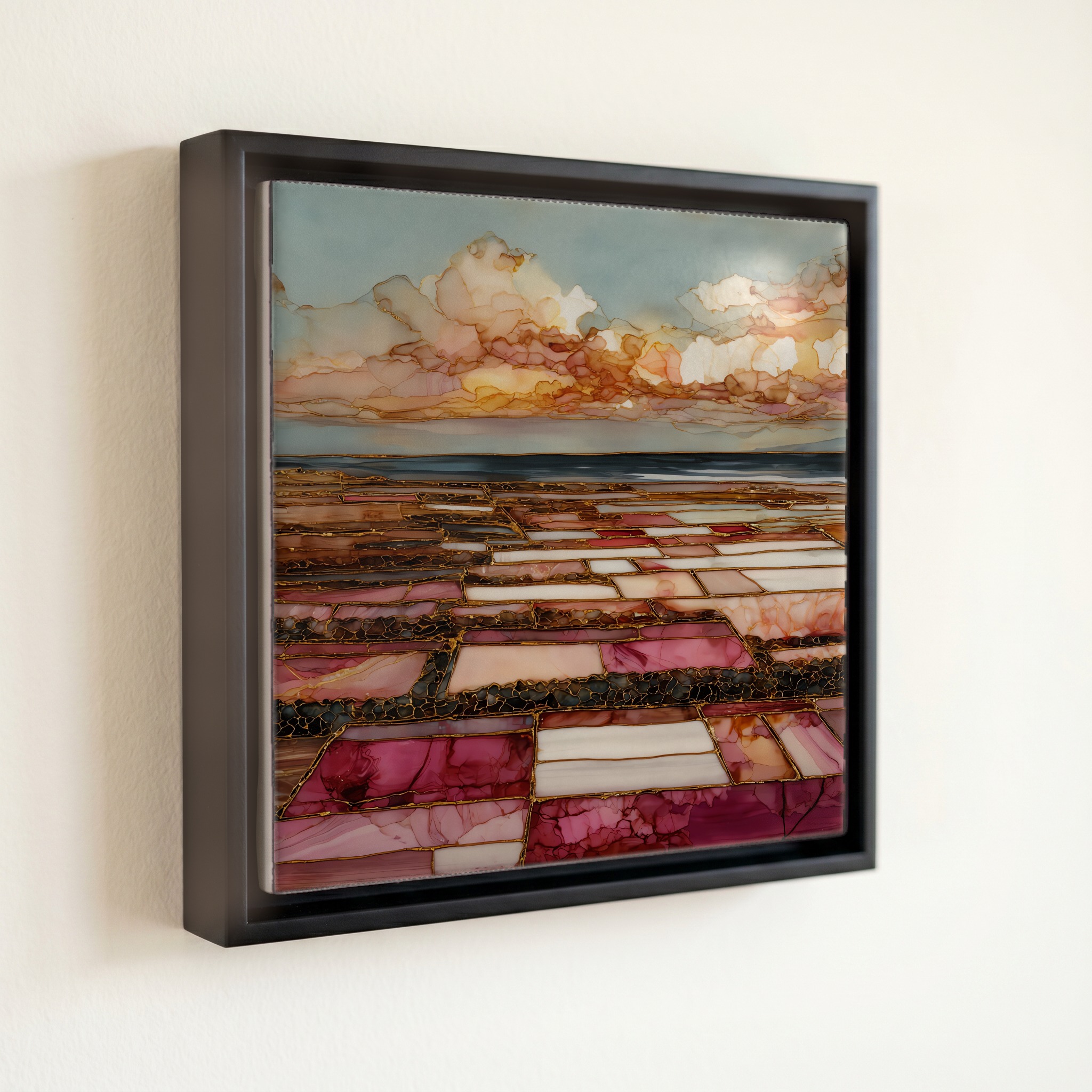 shown in a slim black floating frame · 6 × 6 in