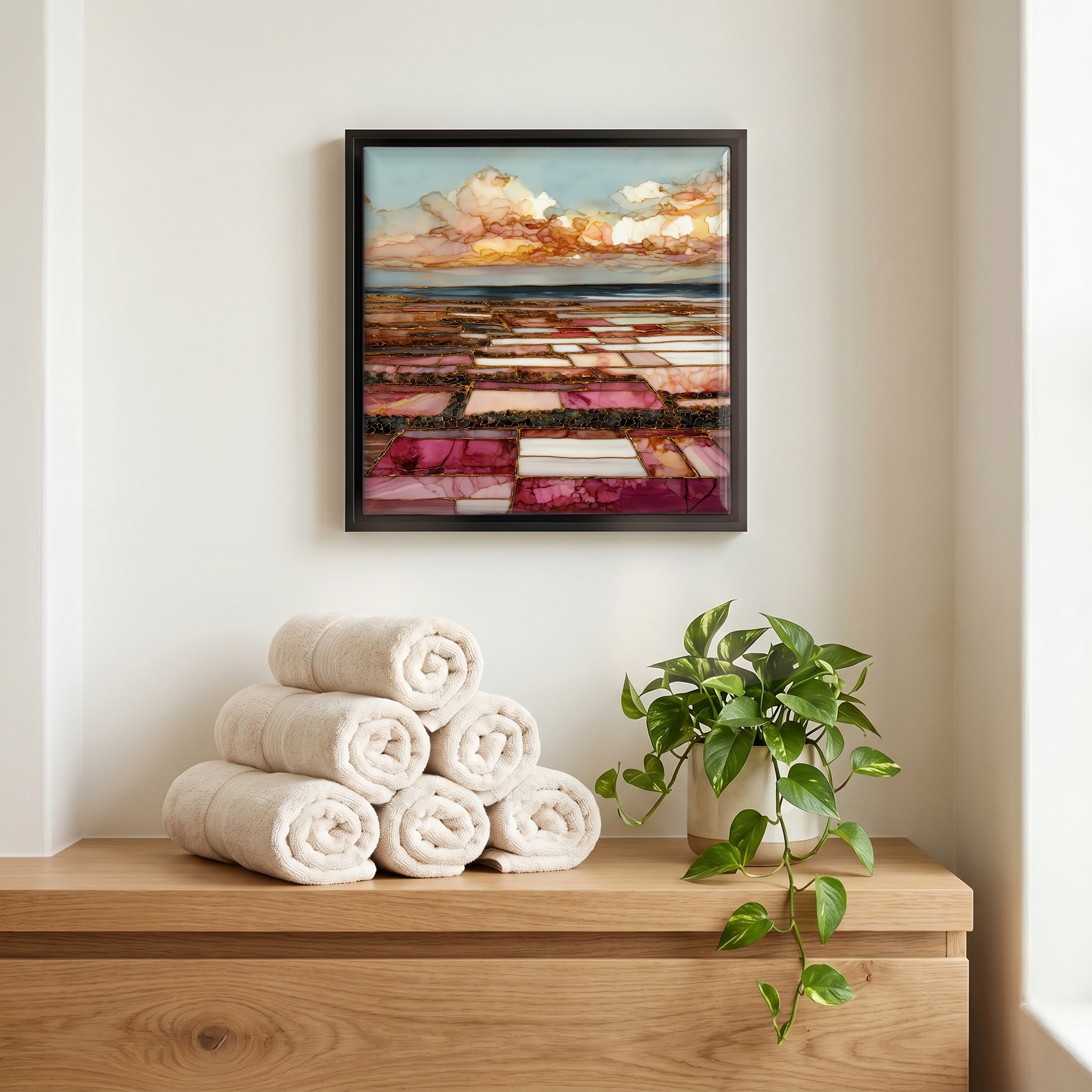 Above the linens, in a slim black surround.