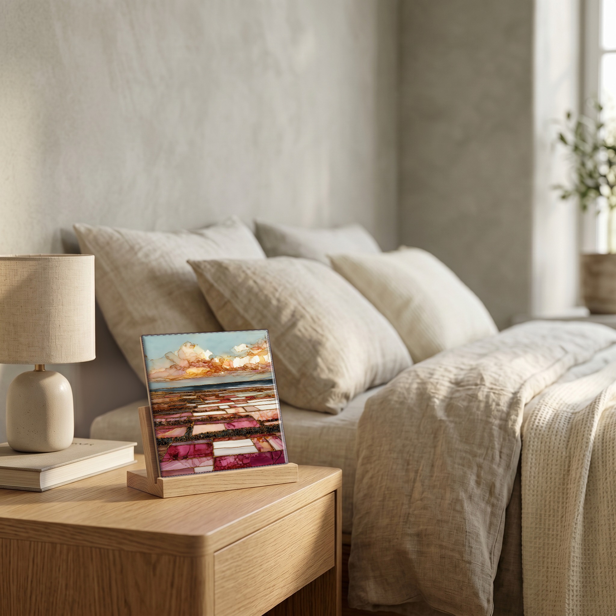 On the nightstand, on a light oak stand.
