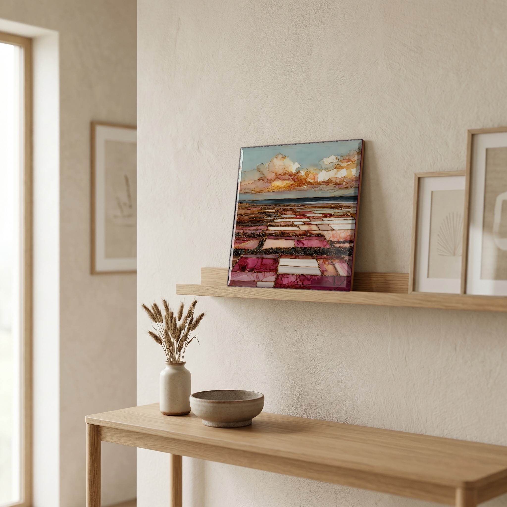 On a picture ledge, where the light comes in.