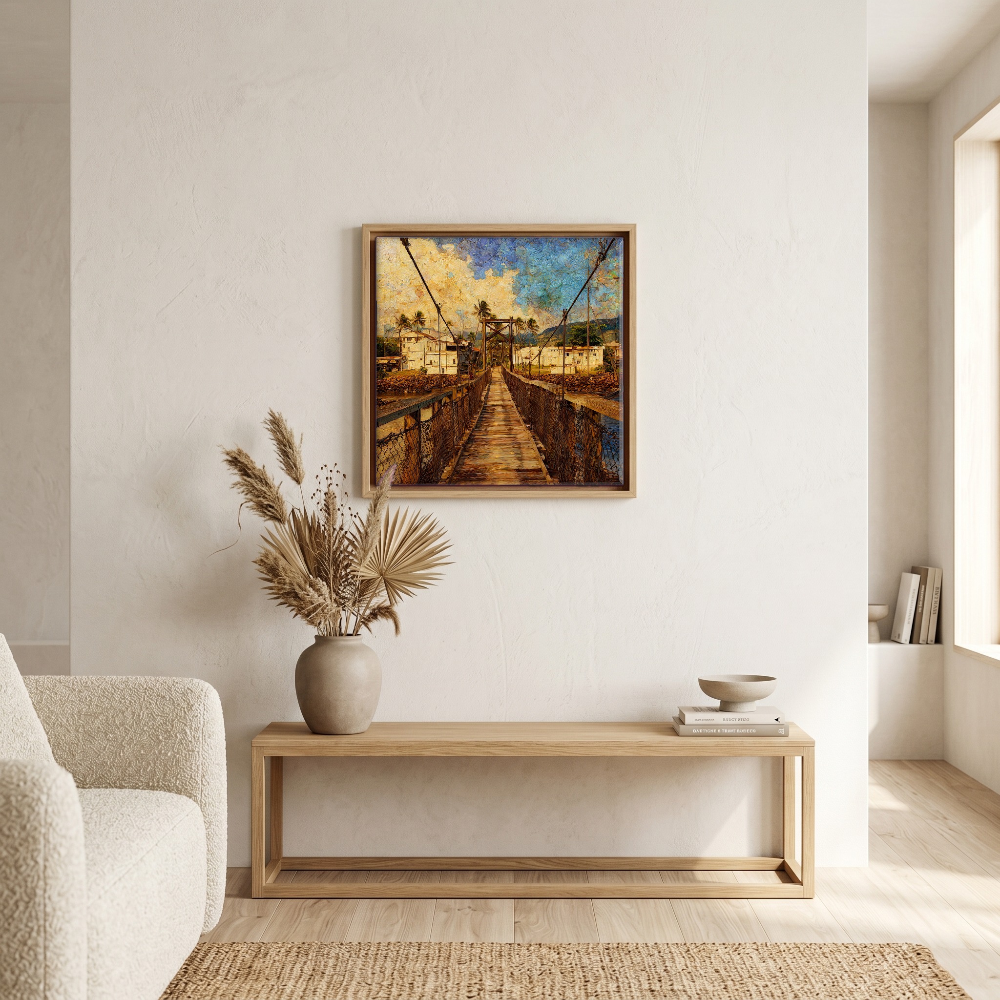 Above the bench, in a warm oak surround.