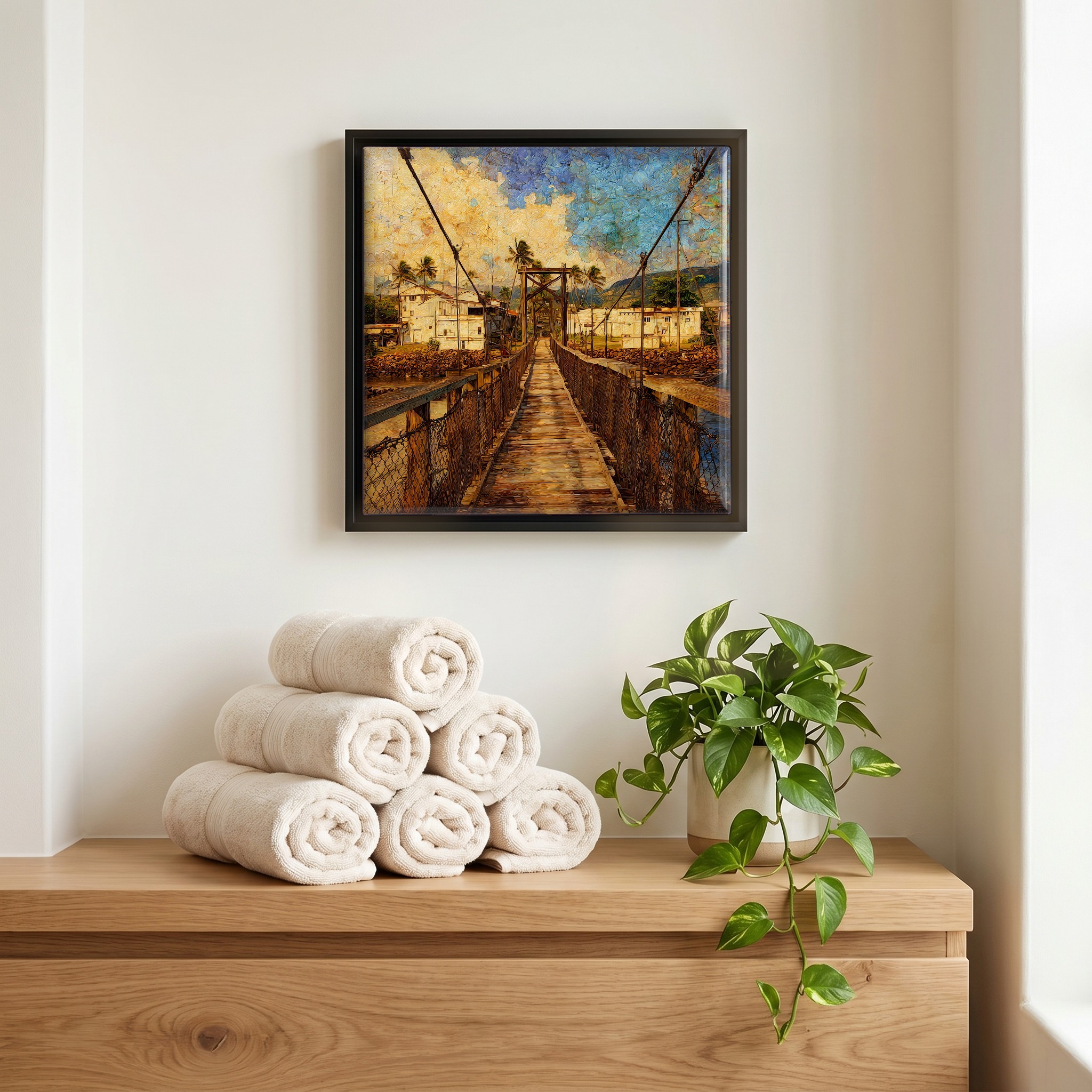 Above the linens, in a slim black surround.