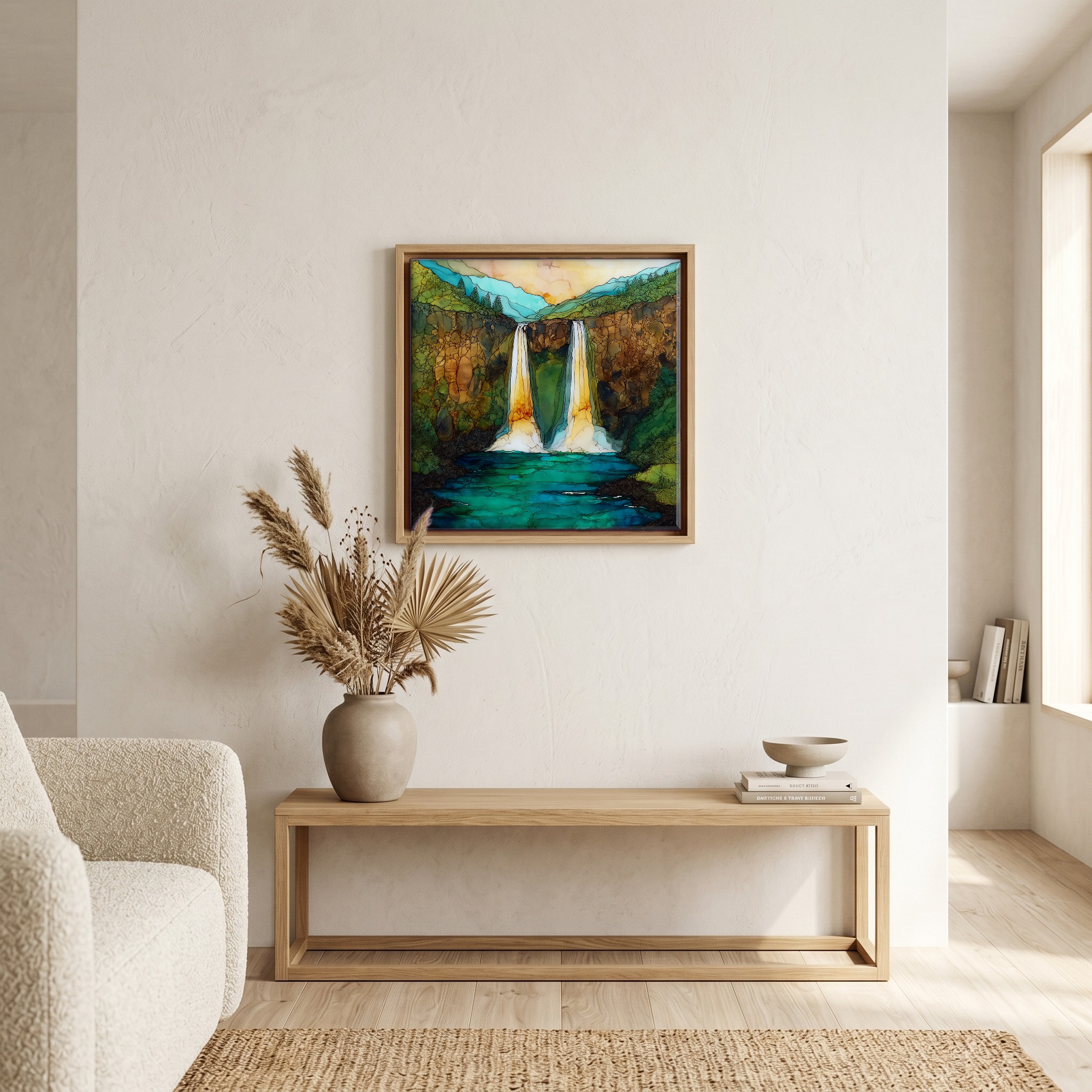 Above the bench, in a warm oak surround.