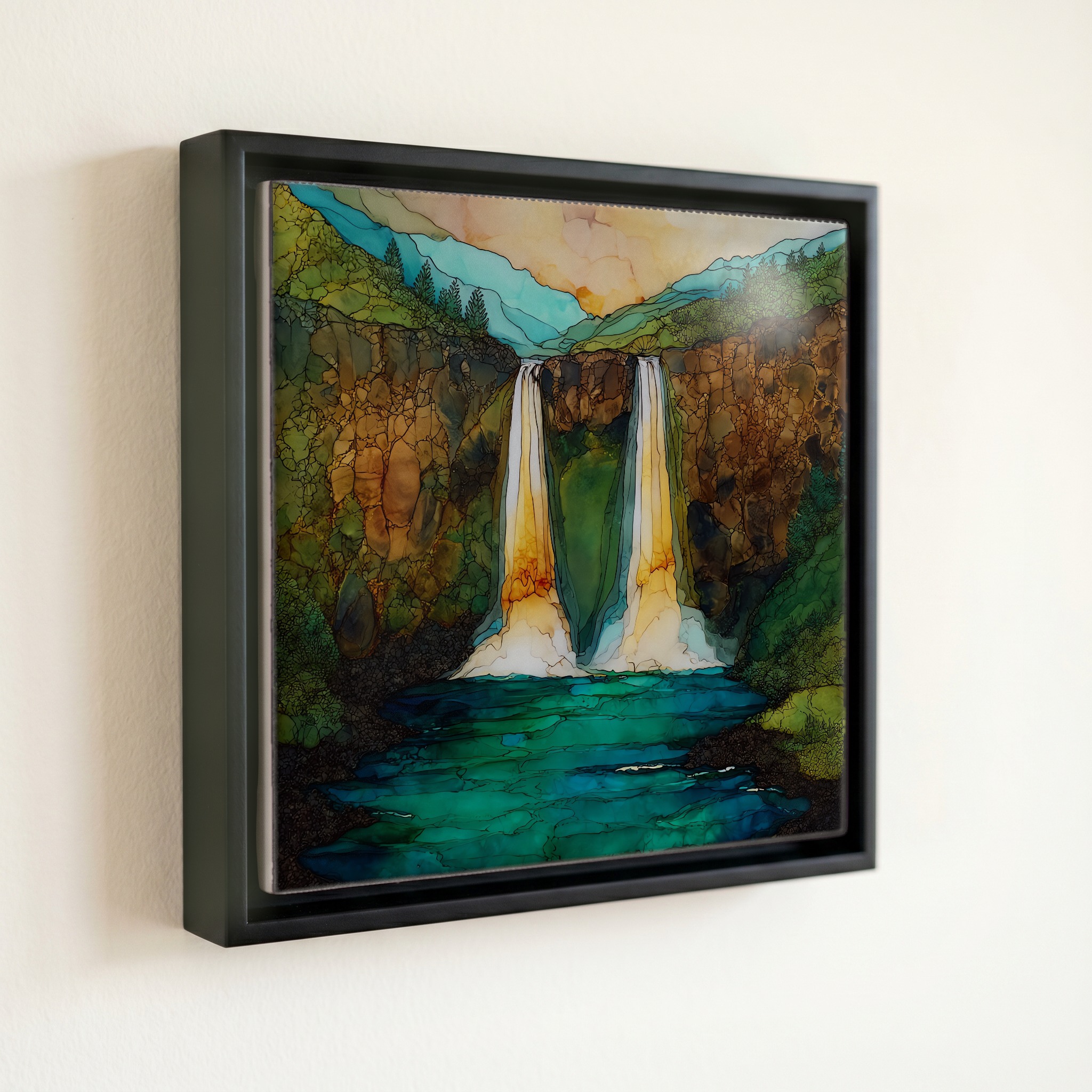 shown in a slim black floating frame · 6 × 6 in