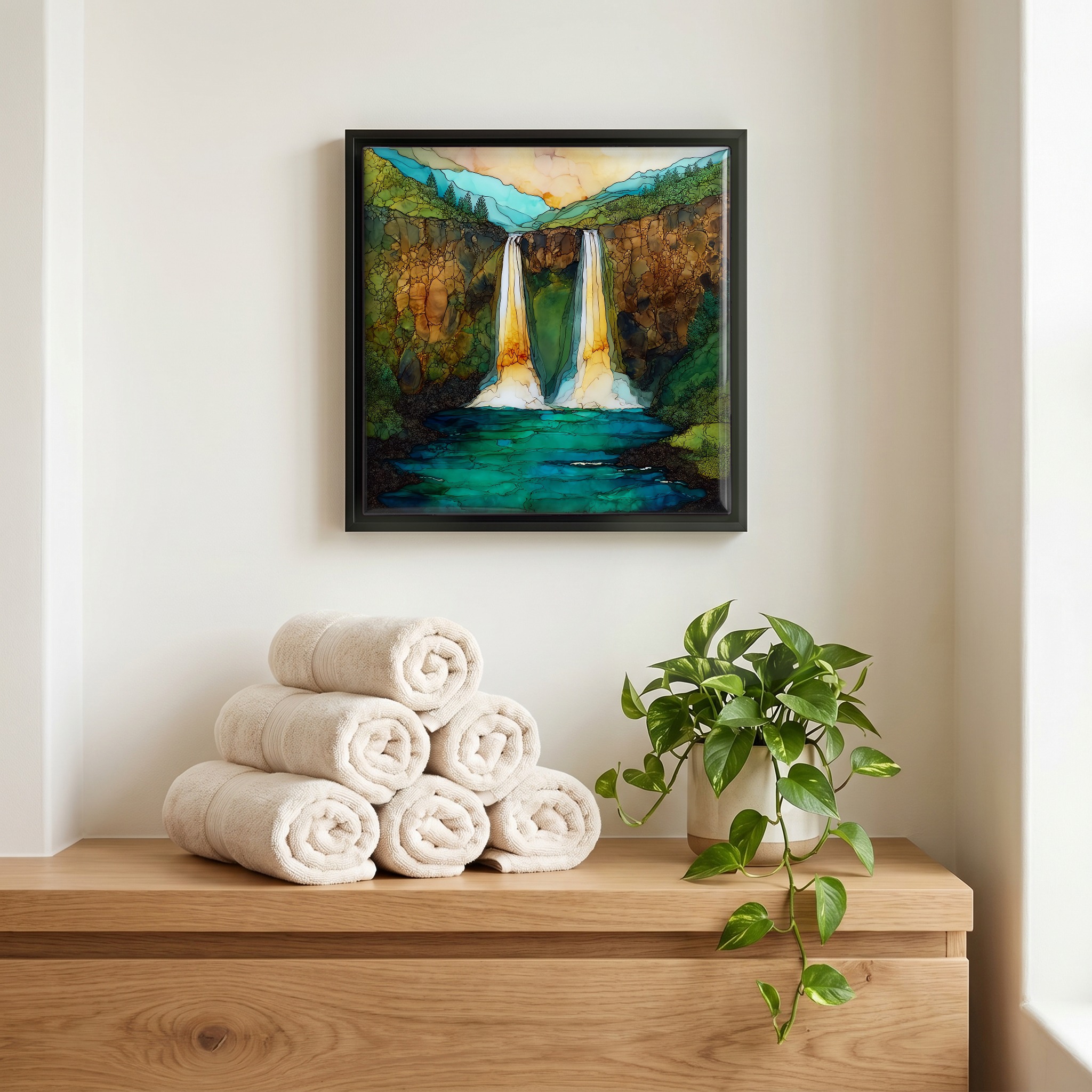 Above the linens, in a slim black surround.