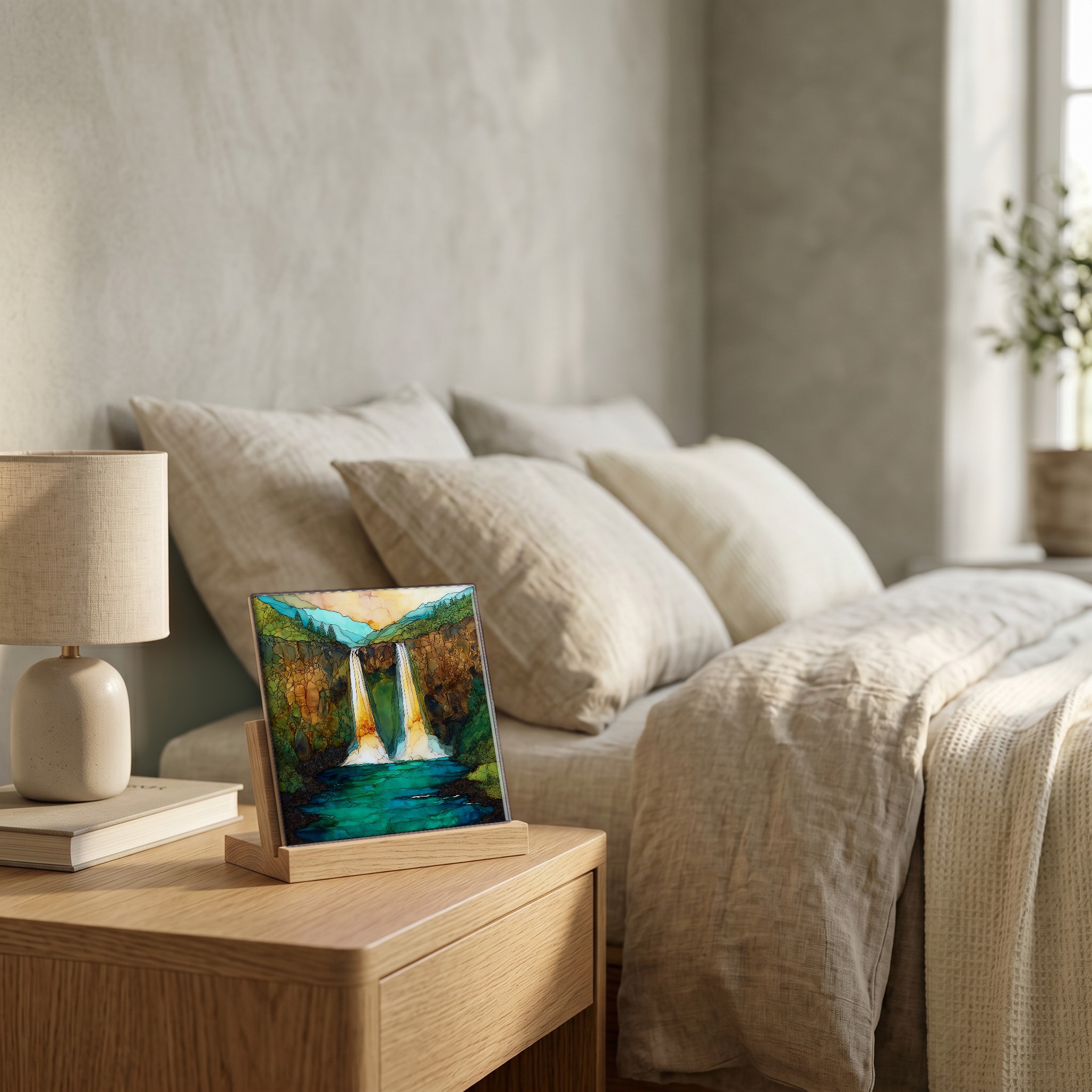 On the nightstand, on a light oak stand.