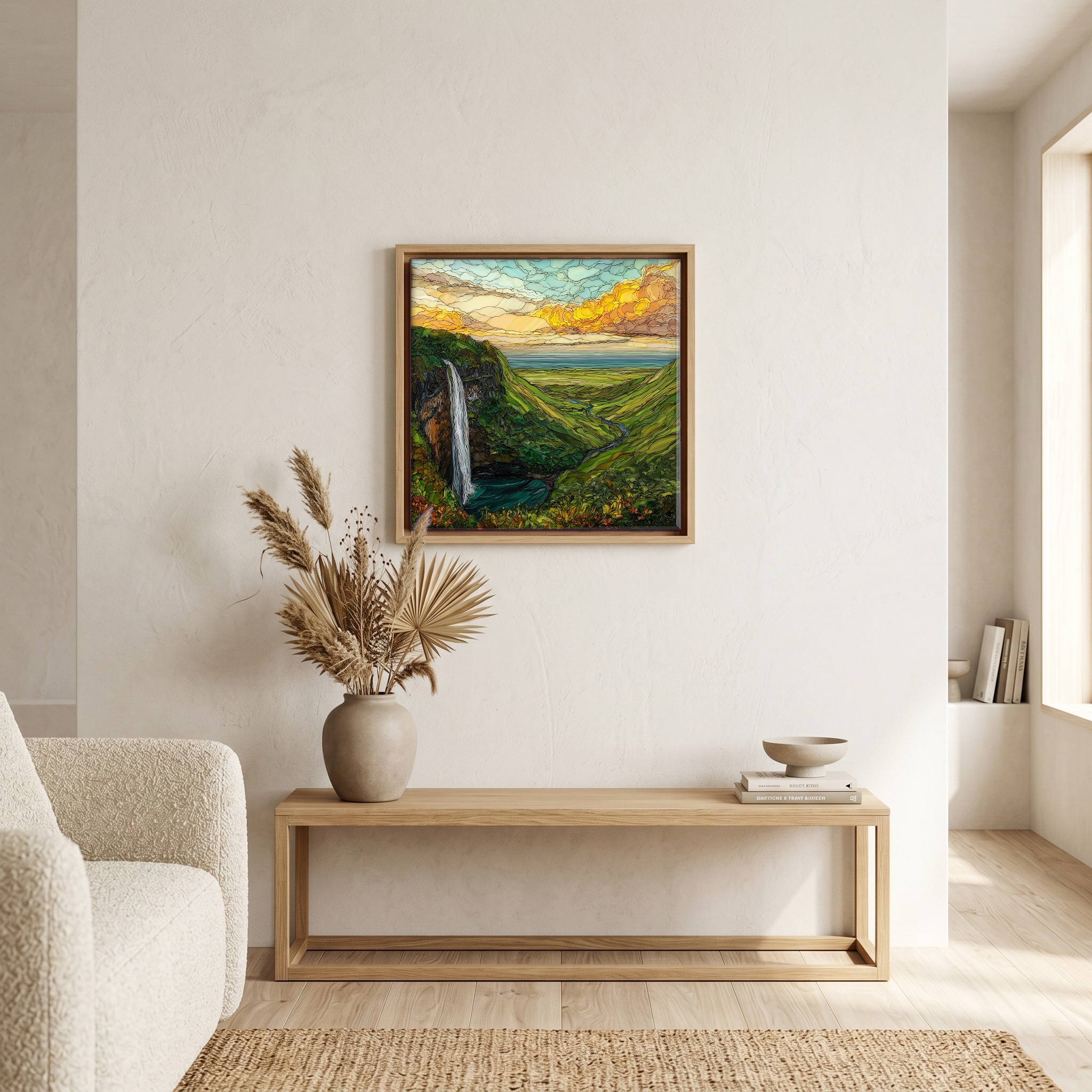 Above the bench, in a warm oak surround.