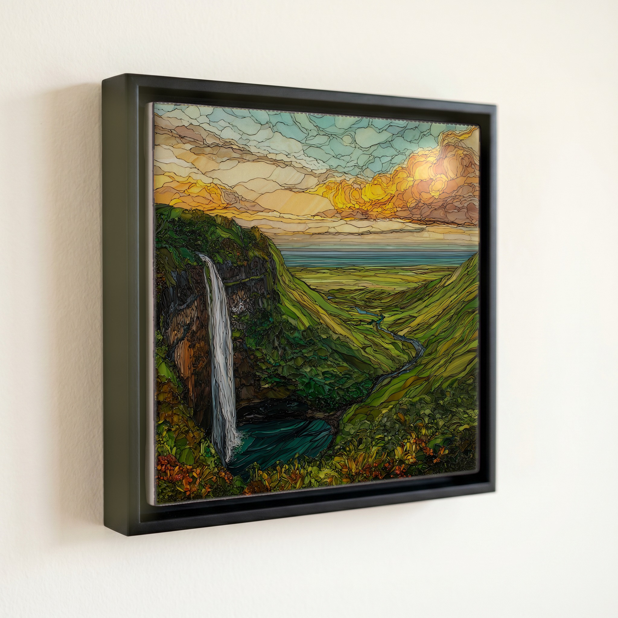 shown in a slim black floating frame · 6 × 6 in
