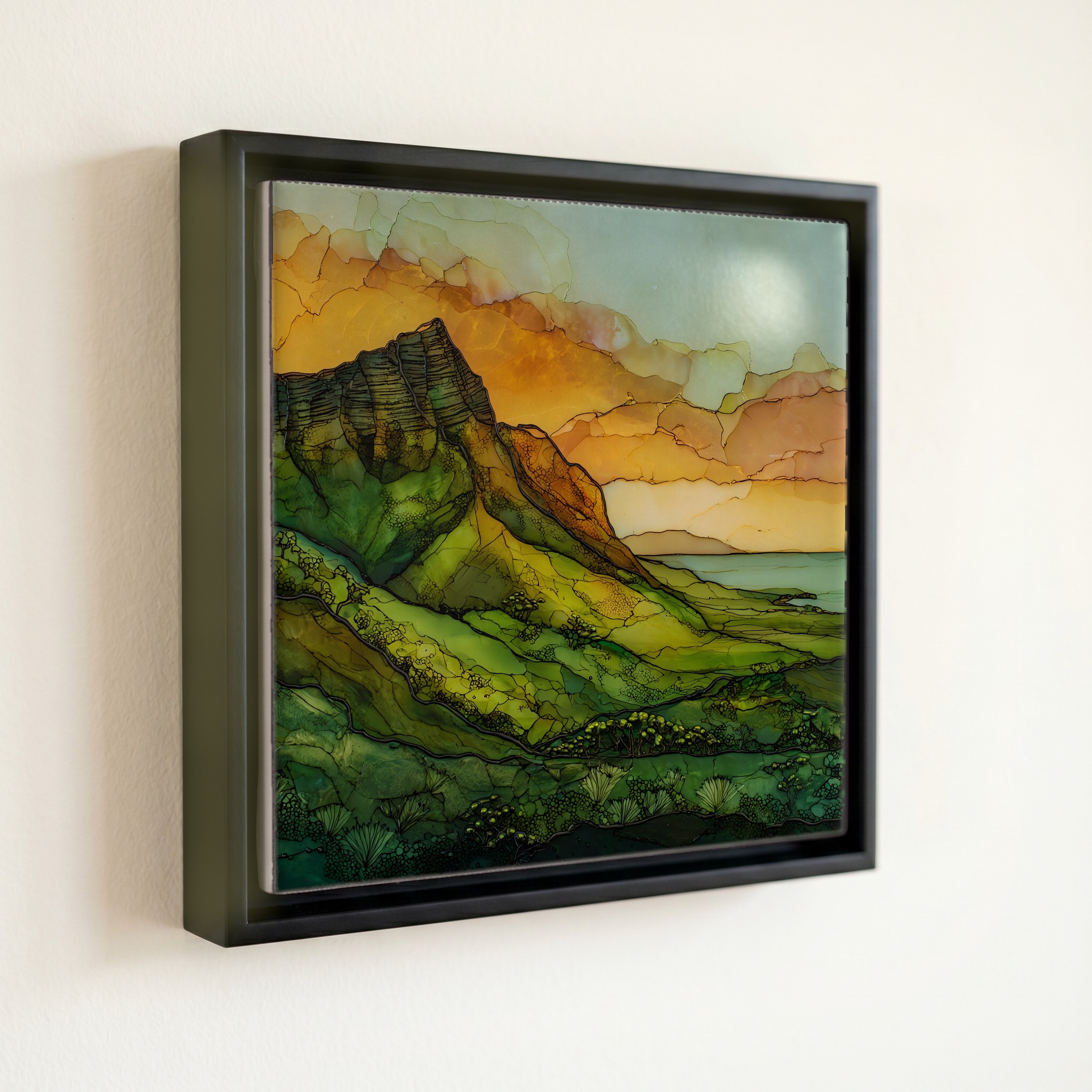 shown in a slim black floating frame · 6 × 6 in