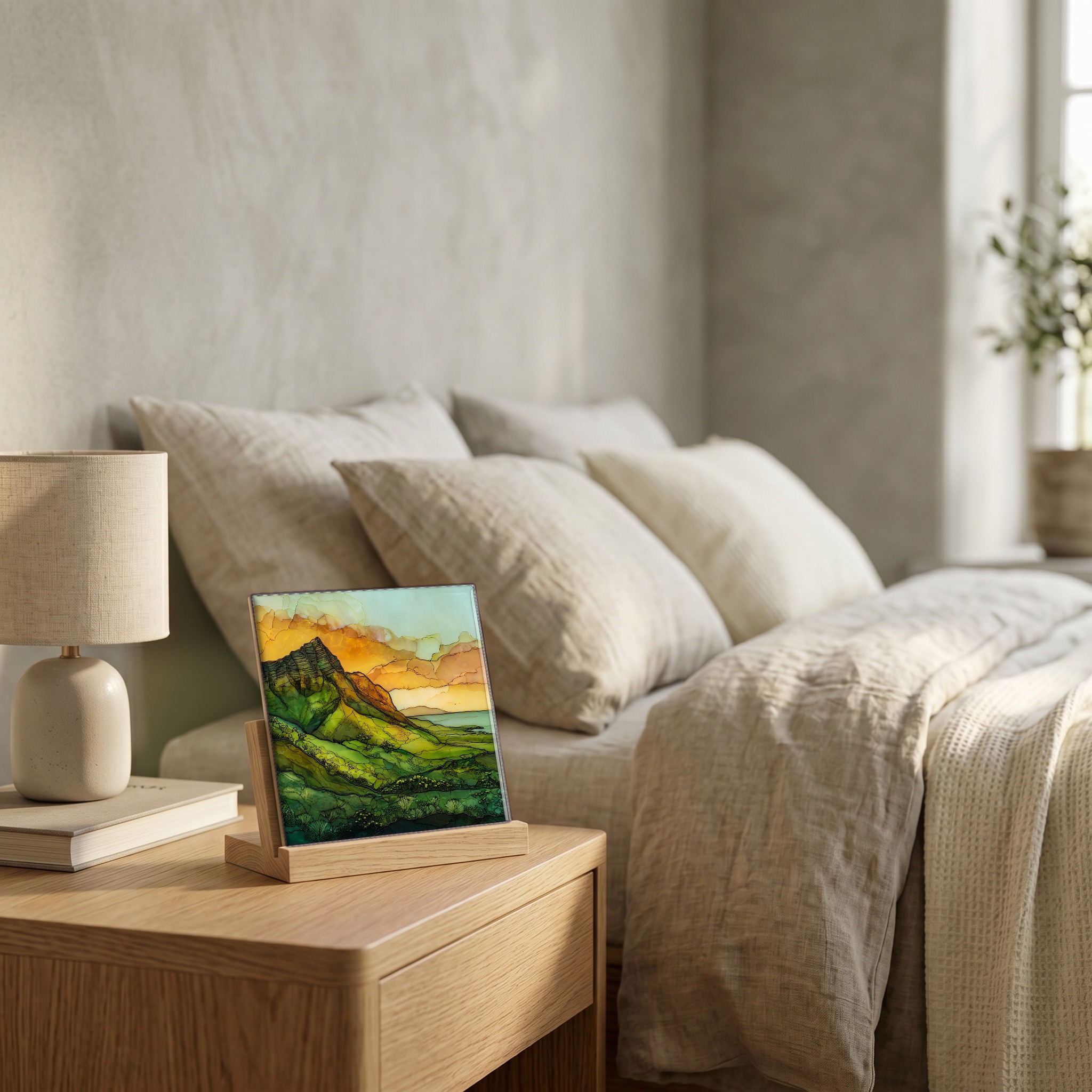 On the nightstand, on a light oak stand.