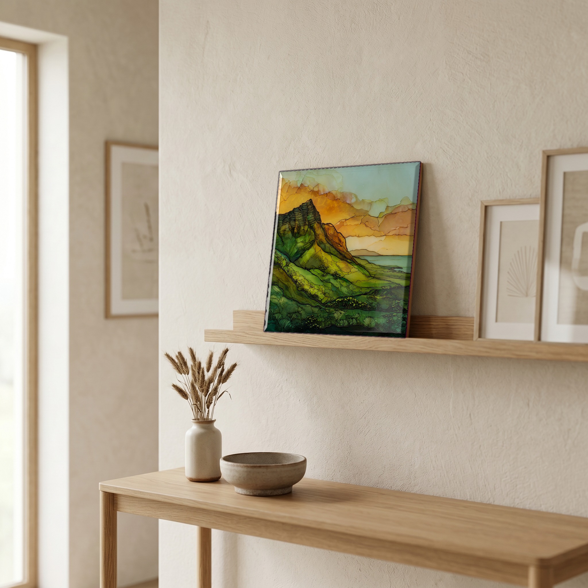 On a picture ledge, where the light comes in.