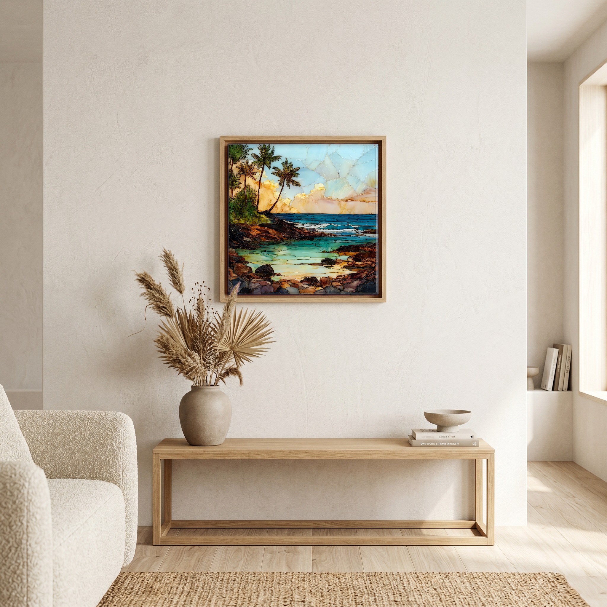 Above the bench, in a warm oak surround.