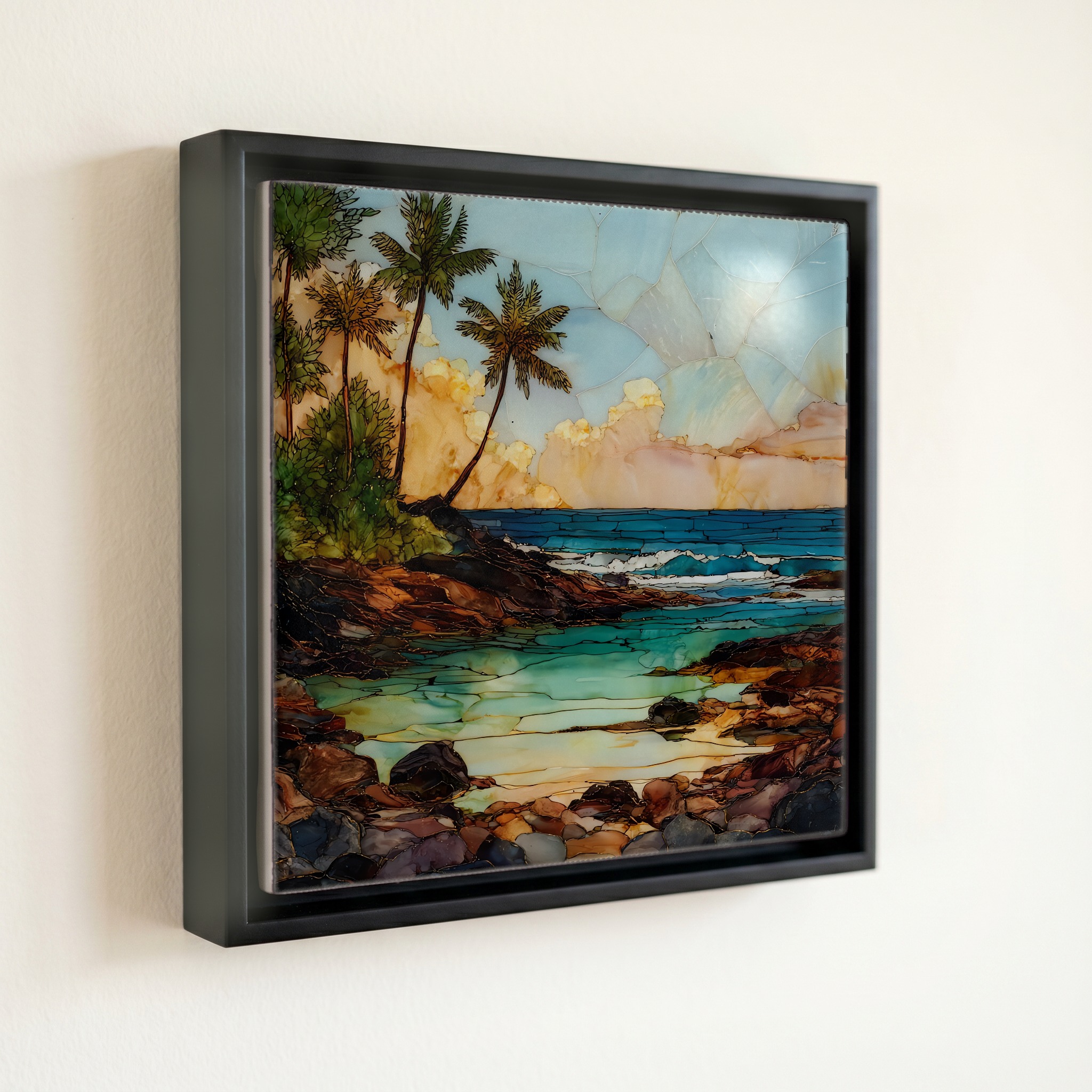 shown in a slim black floating frame · 6 × 6 in