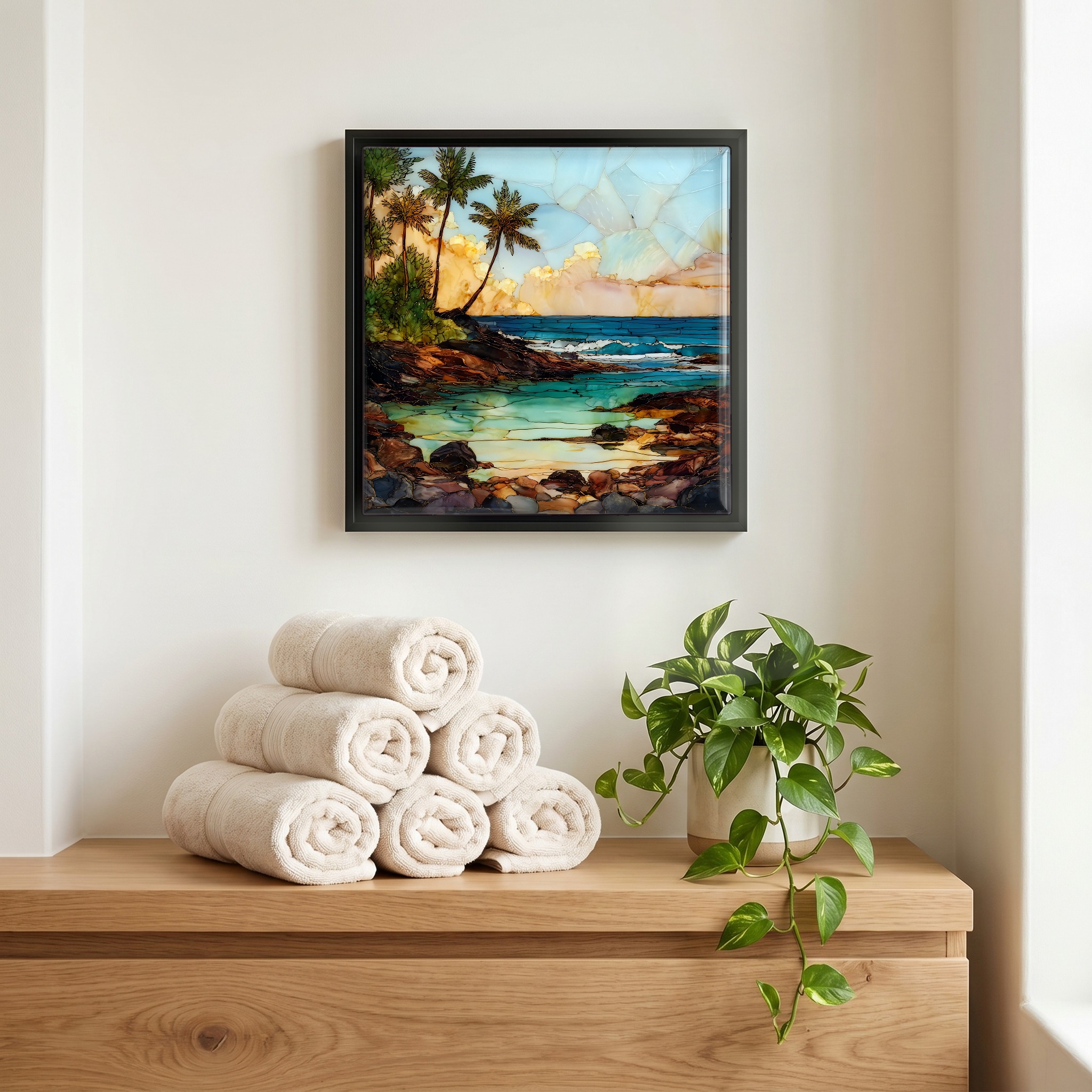 Above the linens, in a slim black surround.