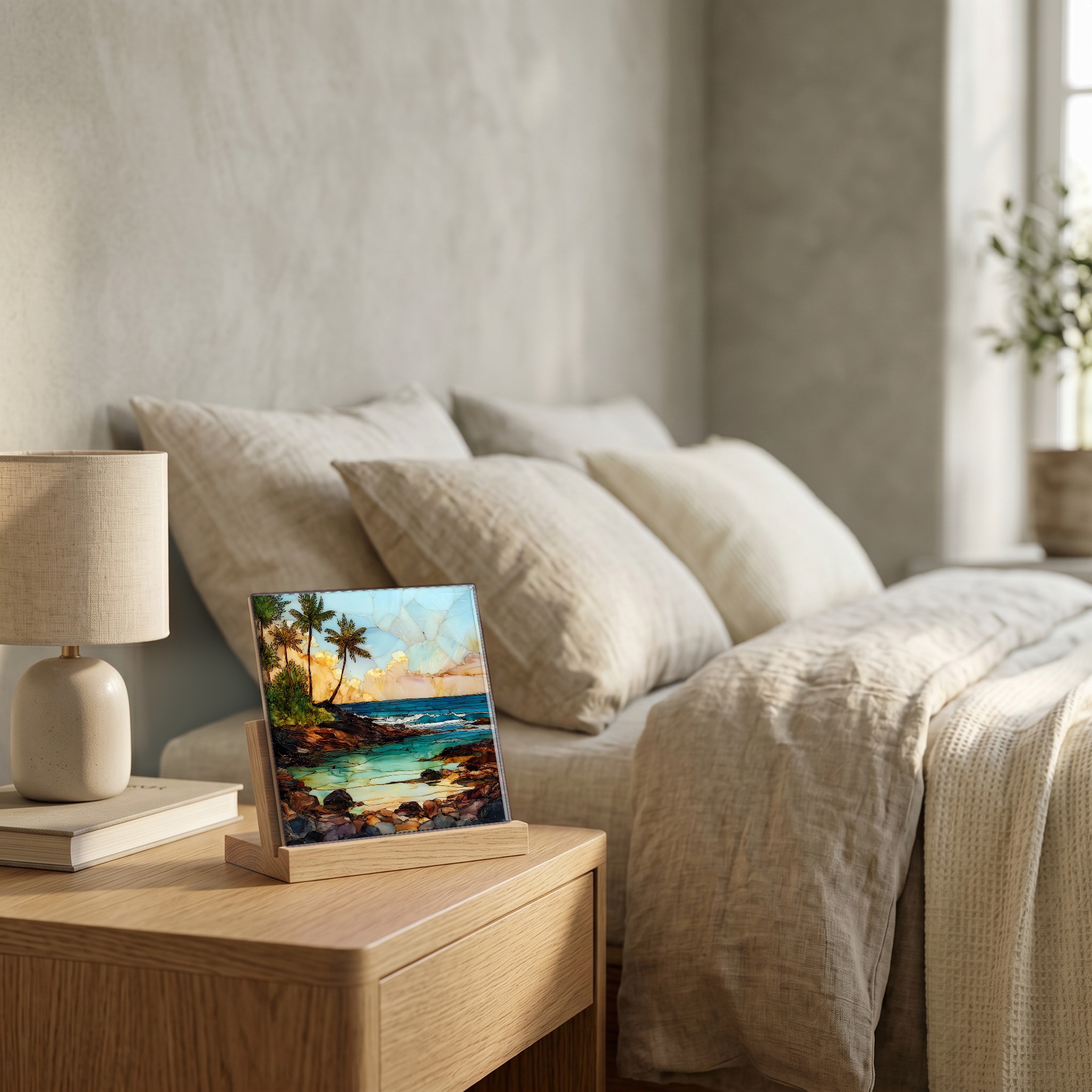 On the nightstand, on a light oak stand.