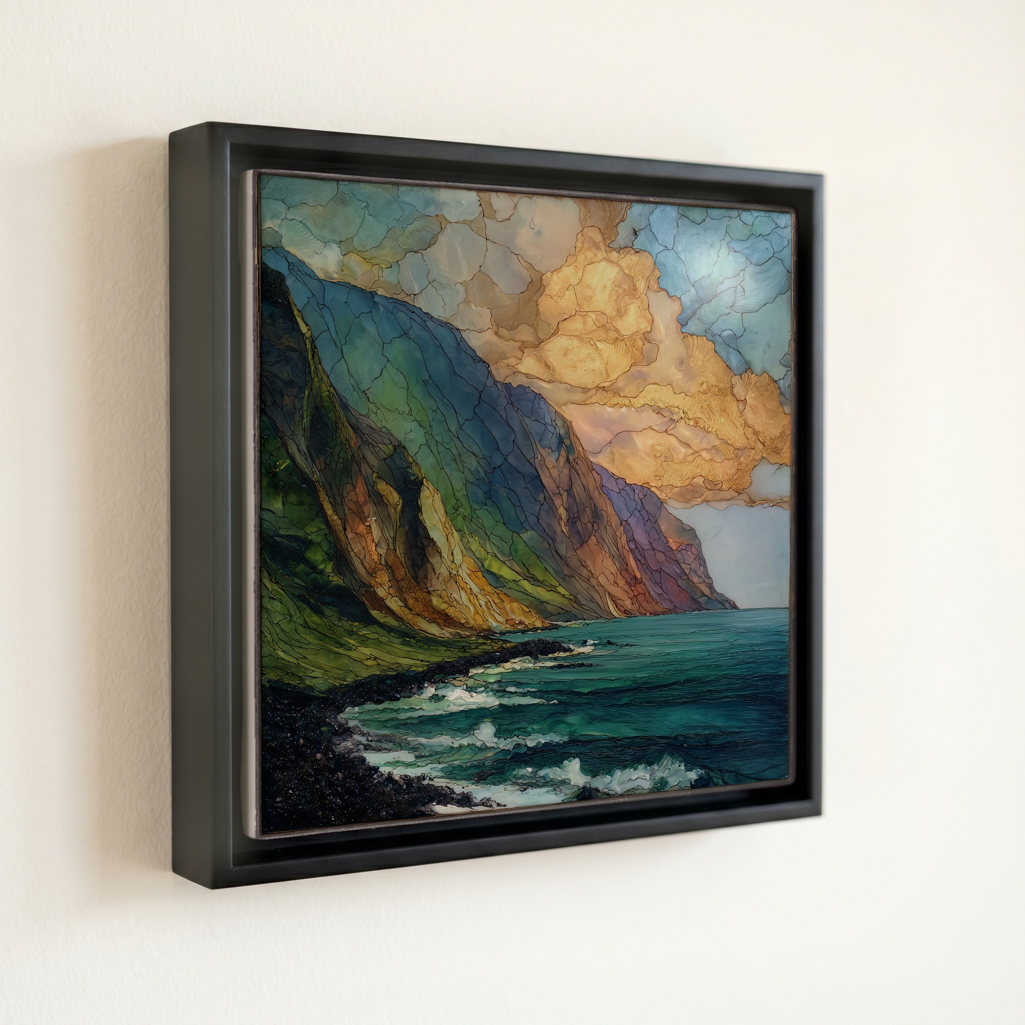 shown in a slim black floating frame · 6 × 6 in