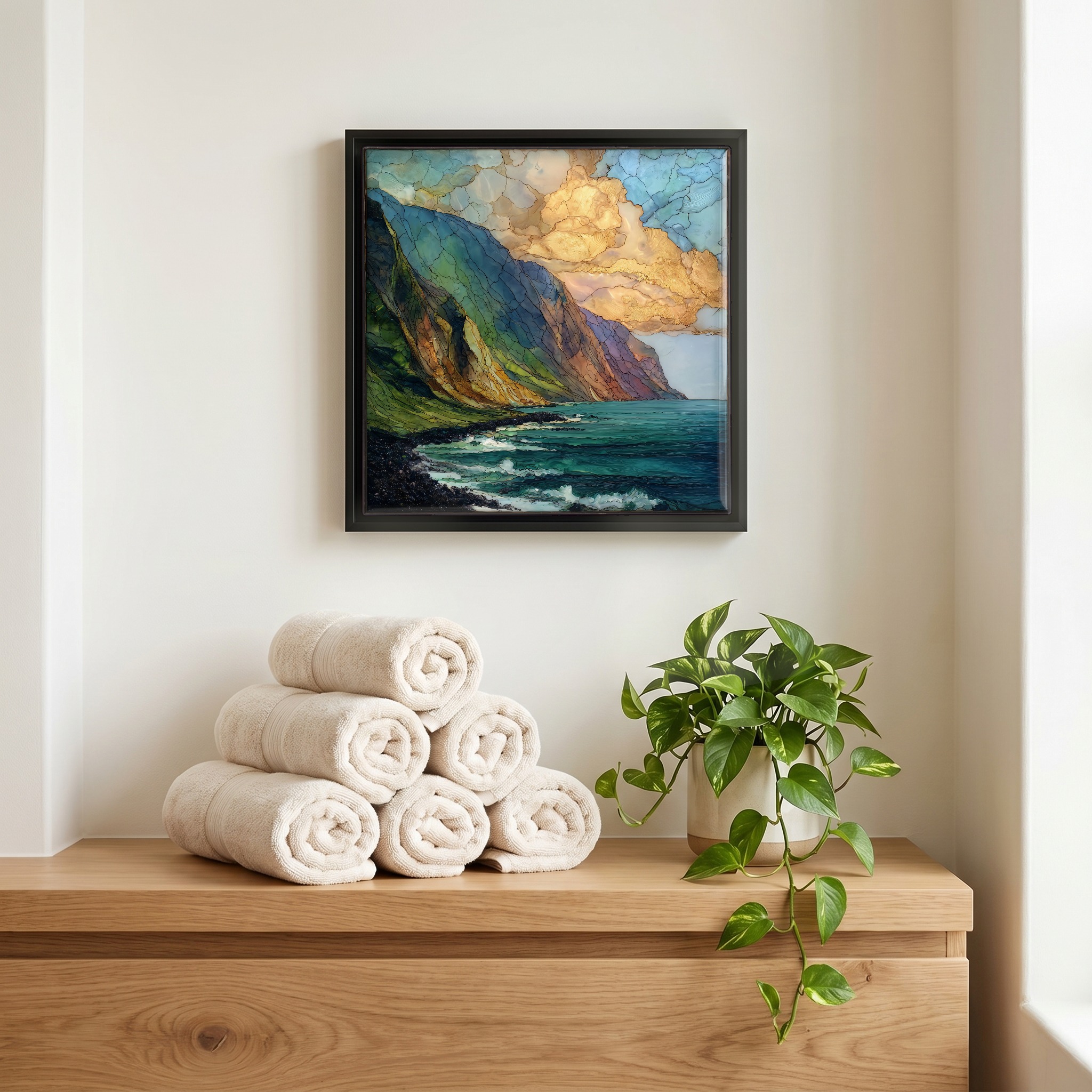Above the linens, in a slim black surround.