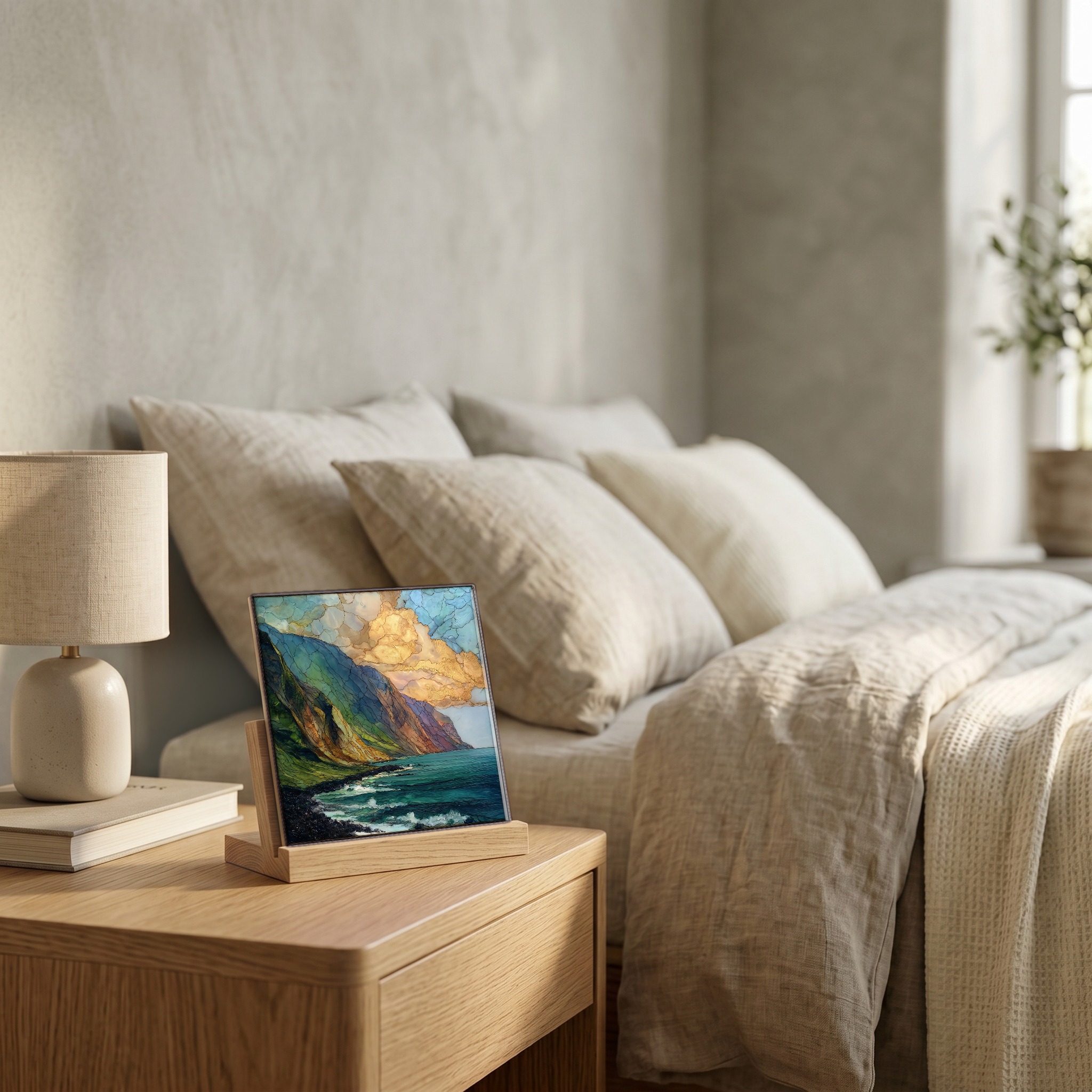 On the nightstand, on a light oak stand.