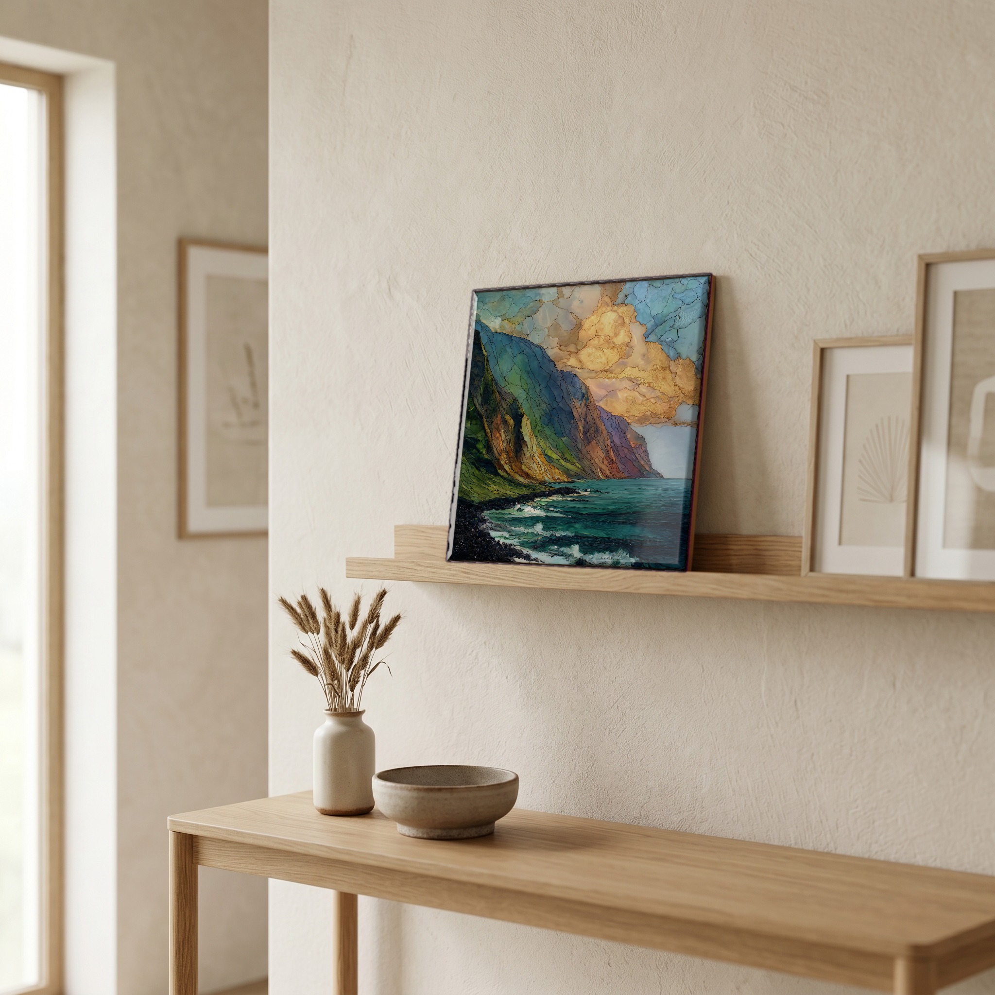 On a picture ledge, where the light comes in.