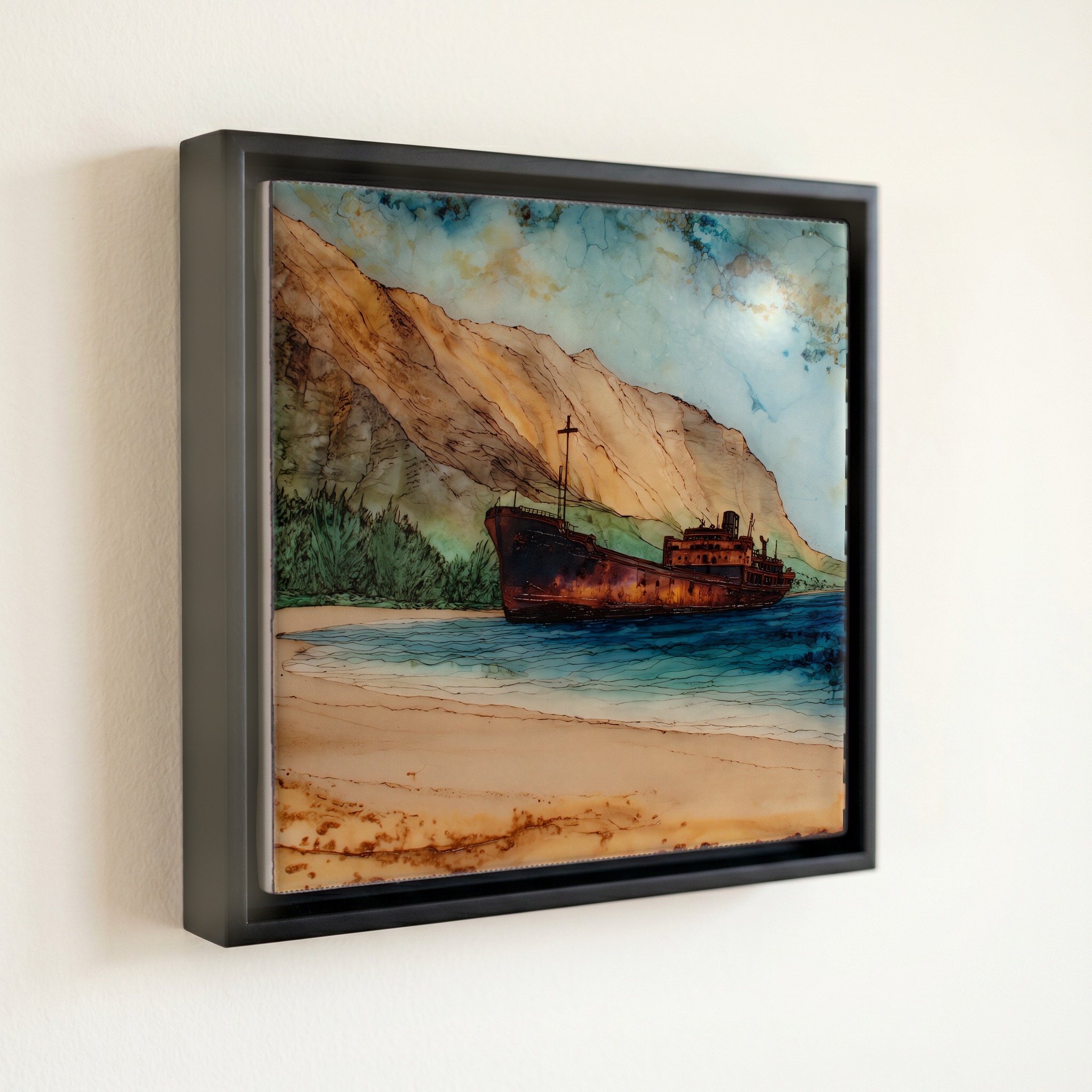 shown in a slim black floating frame · 6 × 6 in