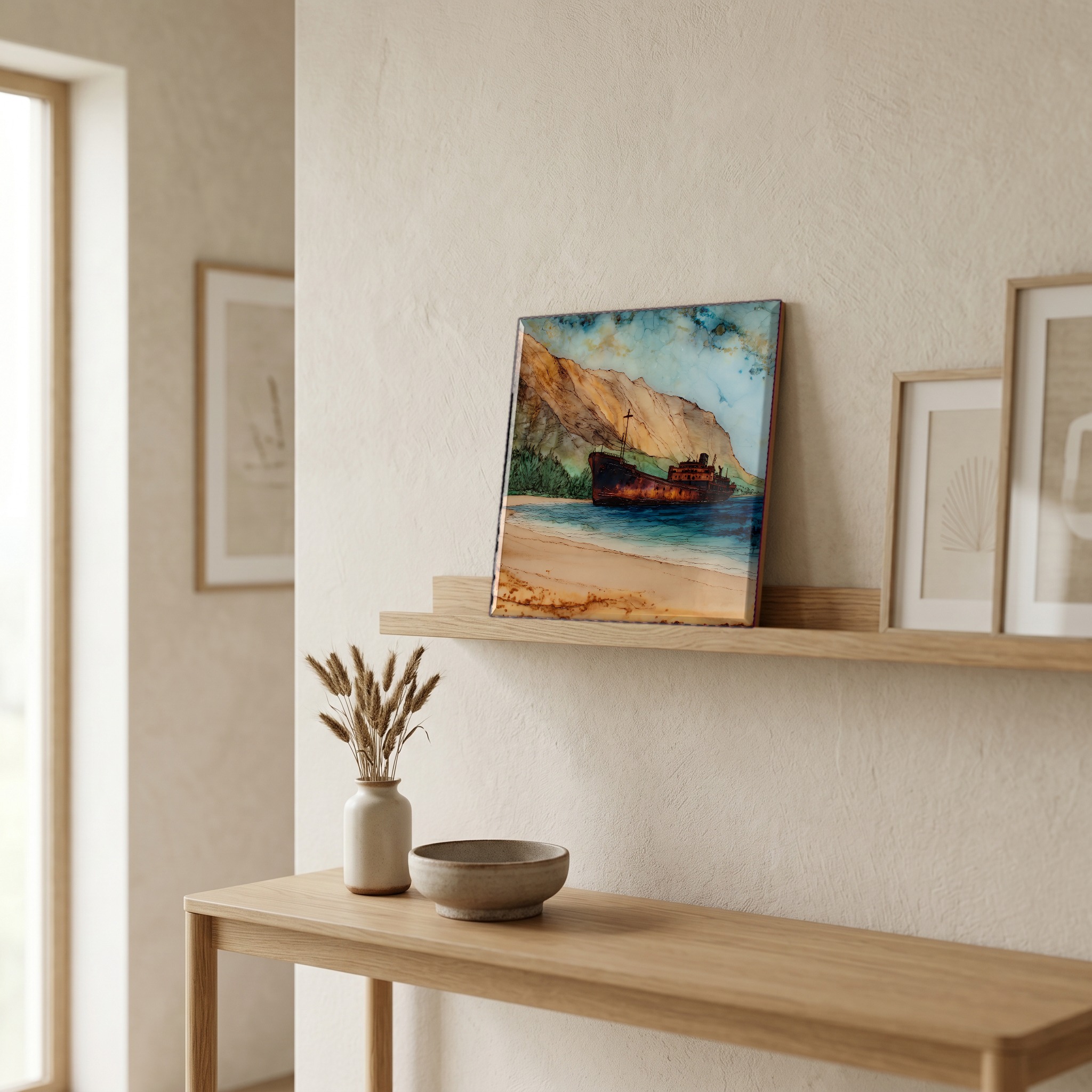 On a picture ledge, where the light comes in.