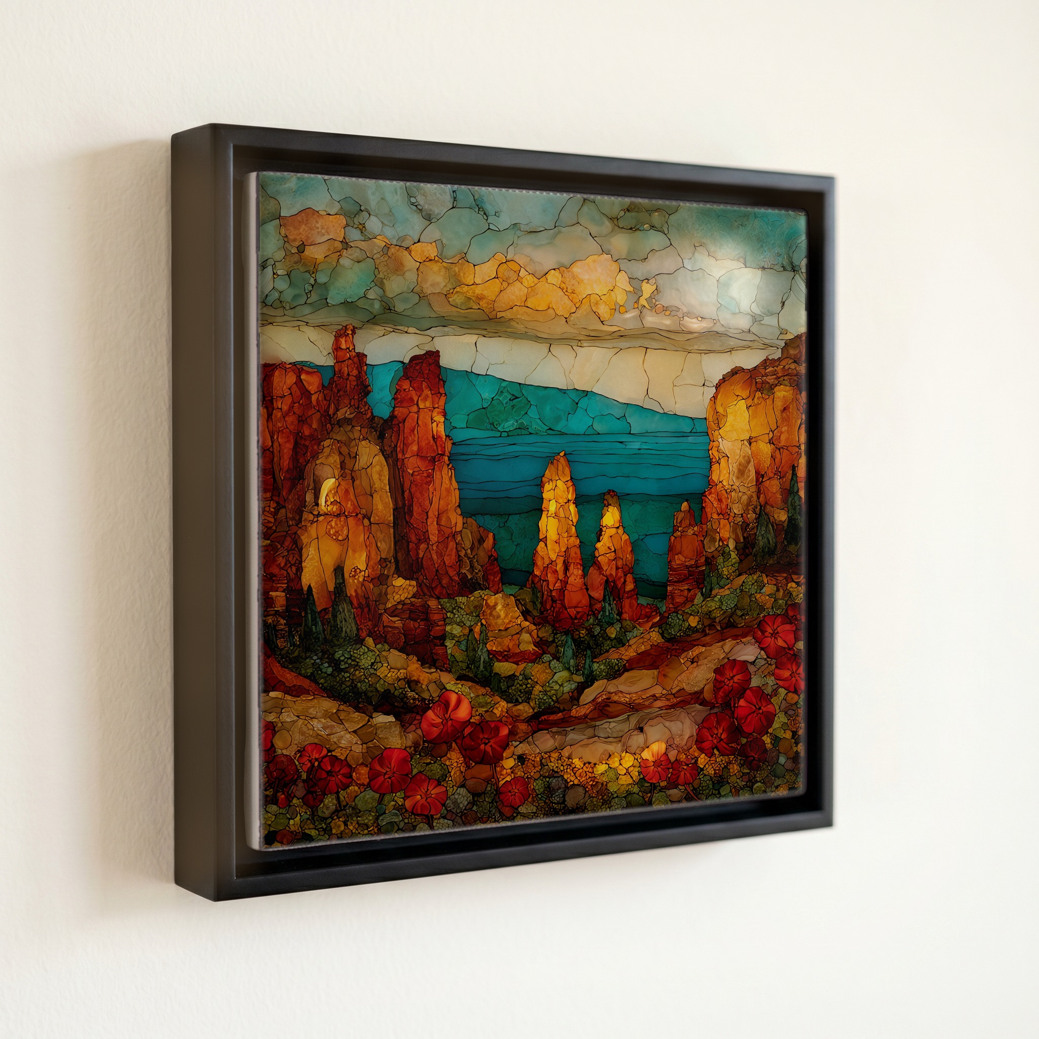 shown in a slim black floating frame · 6 × 6 in
