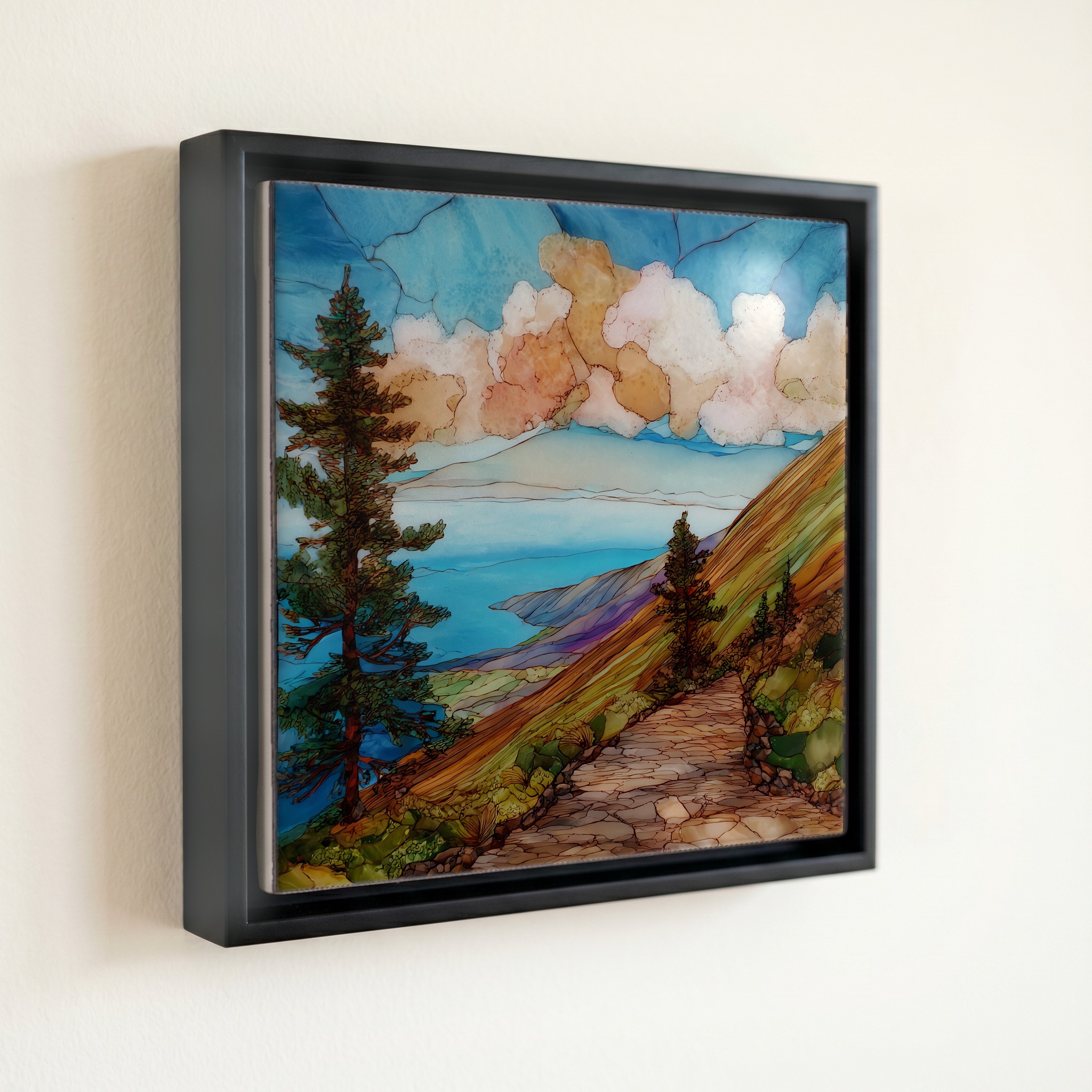 shown in a slim black floating frame · 6 × 6 in