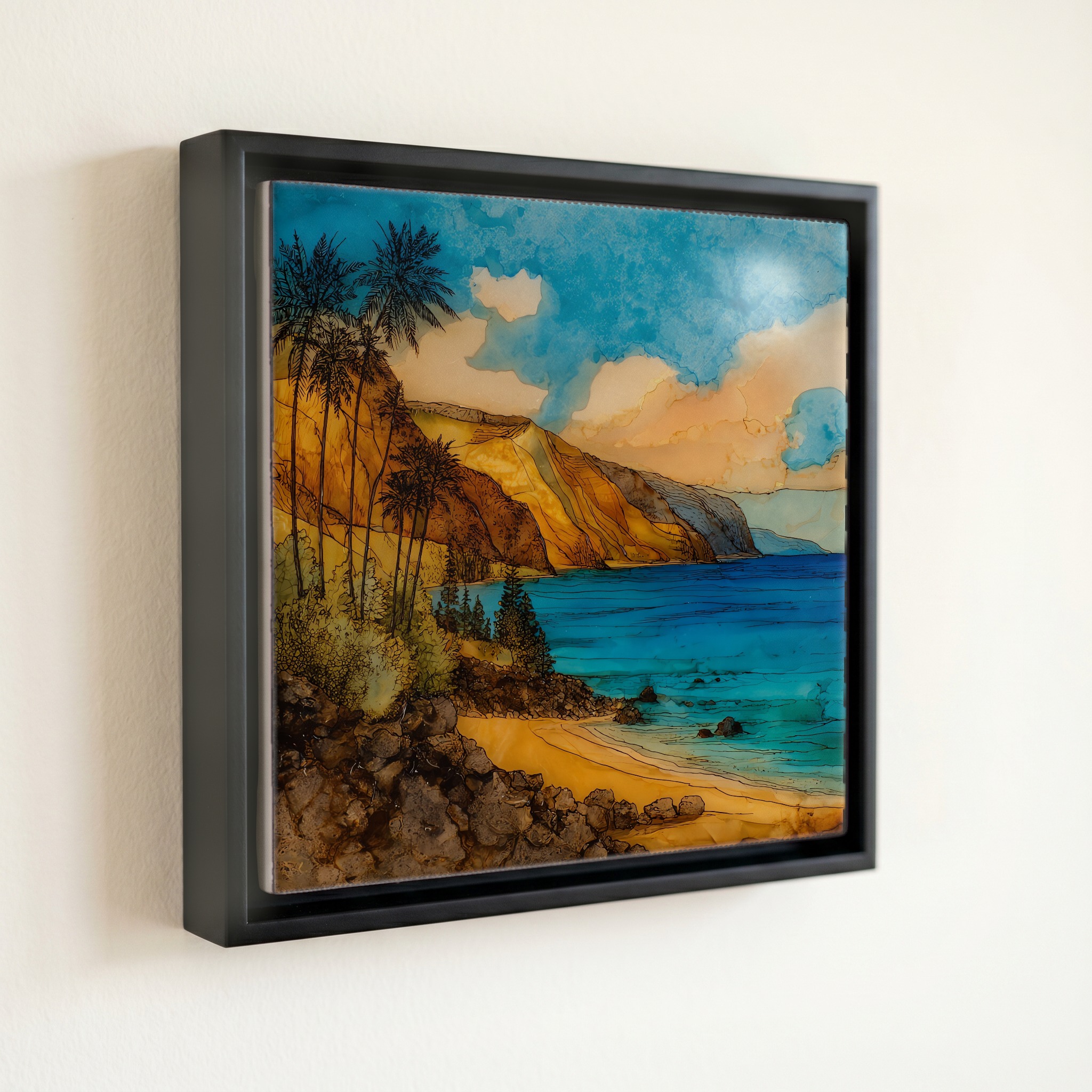 shown in a slim black floating frame · 6 × 6 in