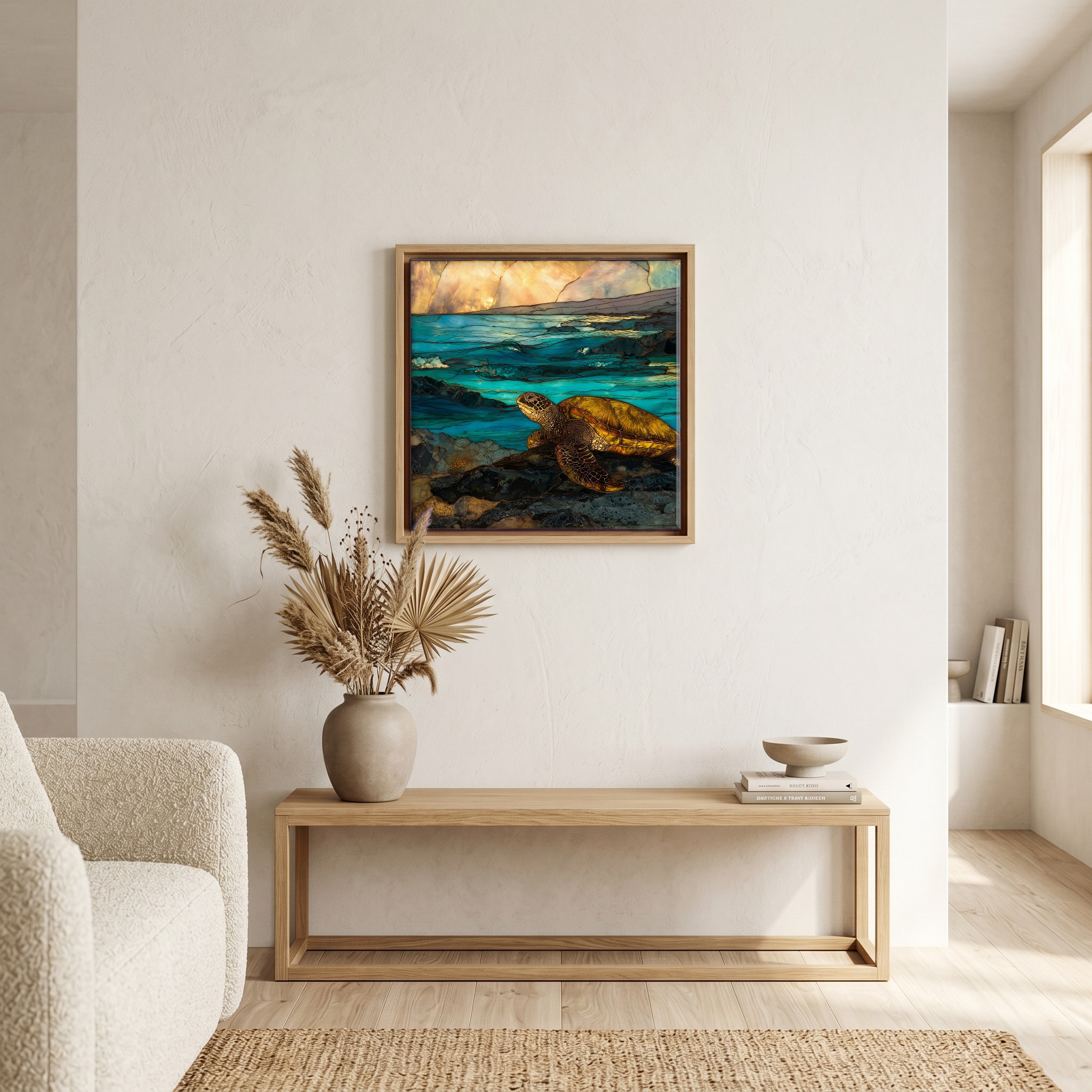 Above the bench, in a warm oak surround.