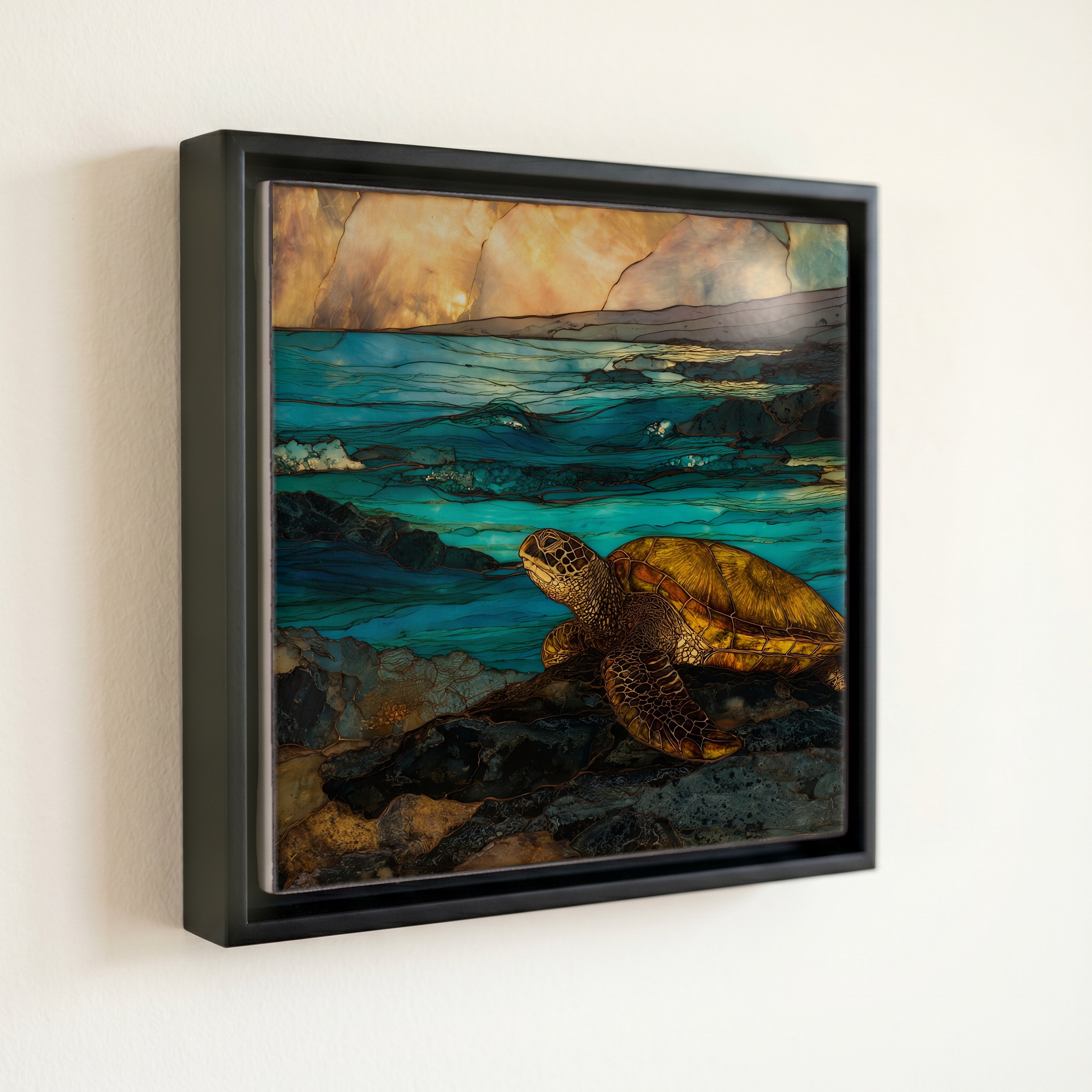 shown in a slim black floating frame · 6 × 6 in