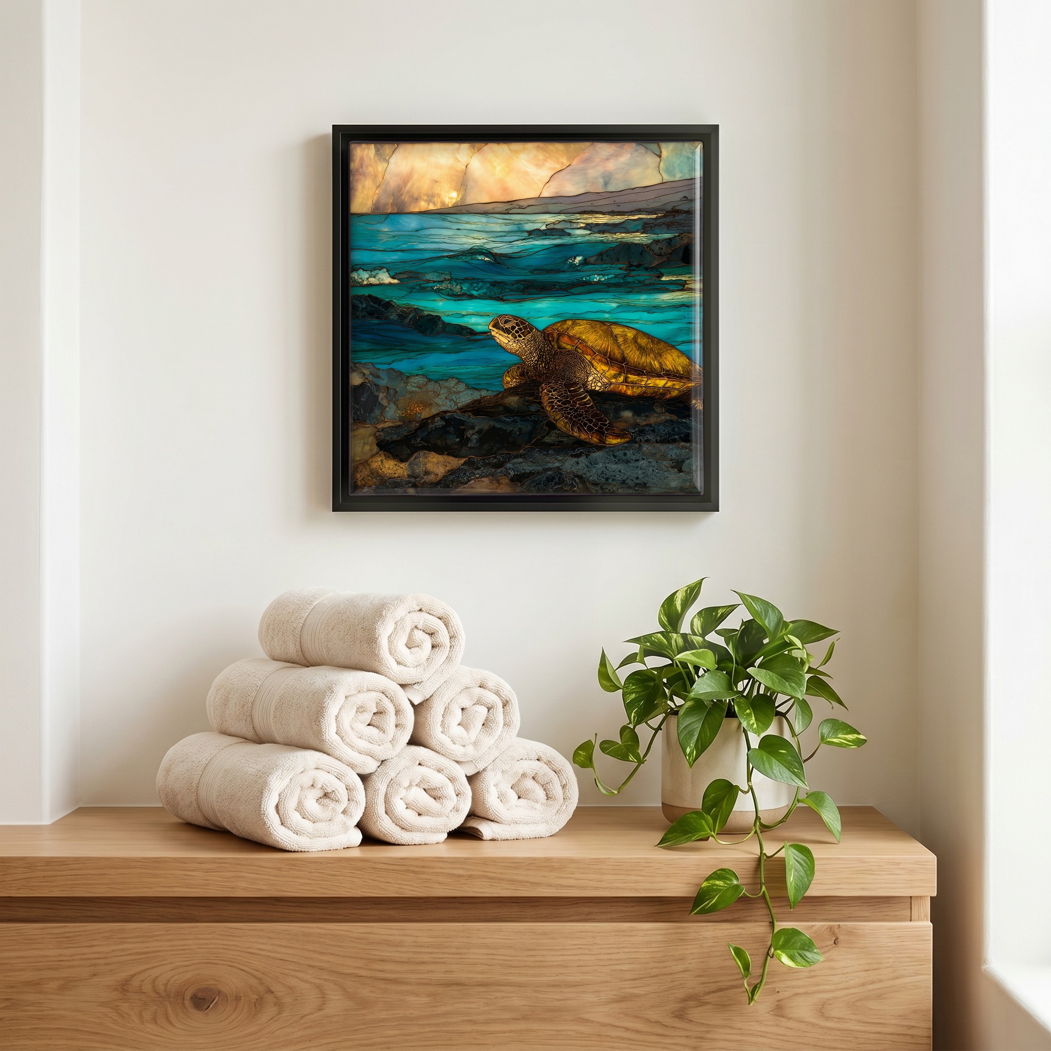 Above the linens, in a slim black surround.