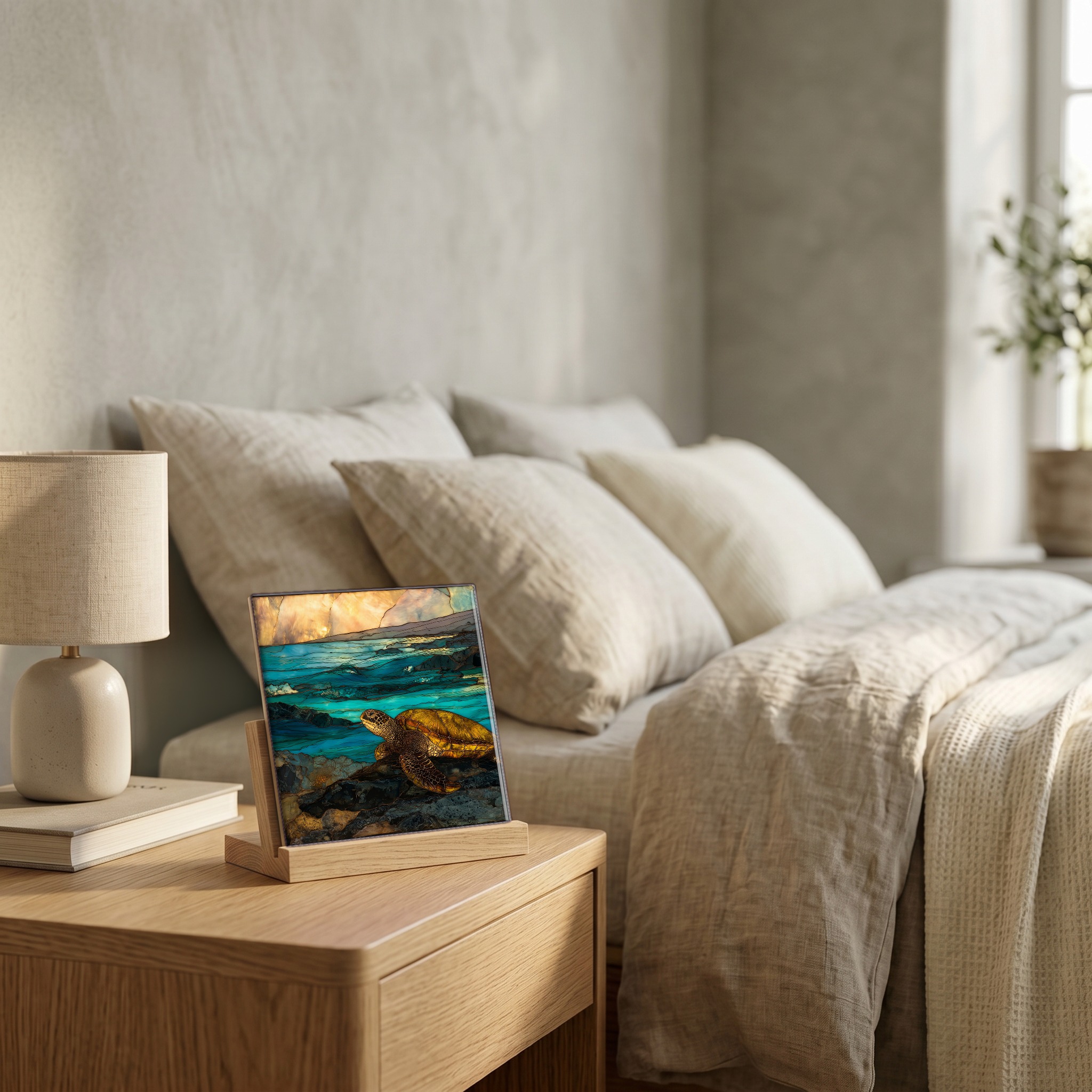 On the nightstand, on a light oak stand.