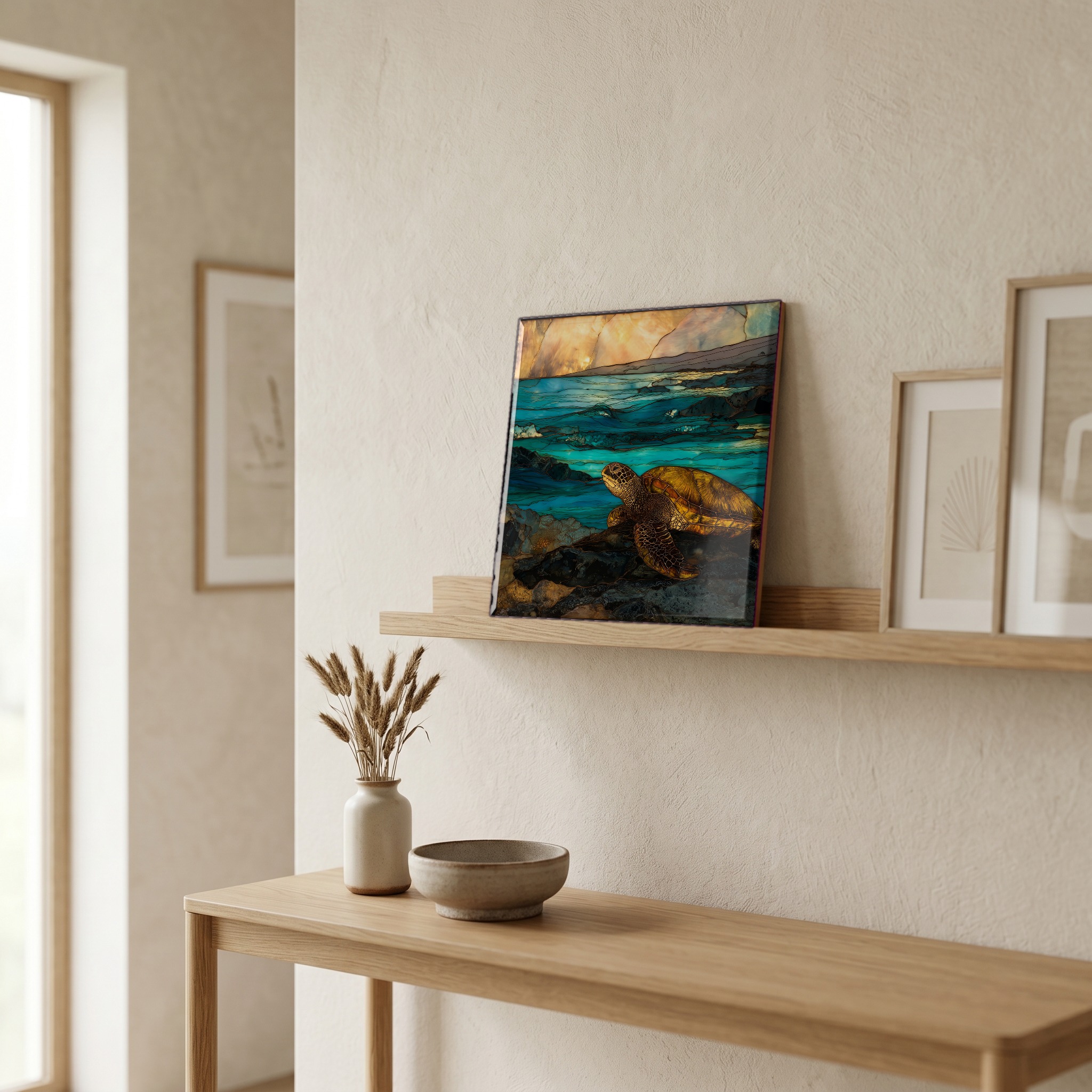 On a picture ledge, where the light comes in.