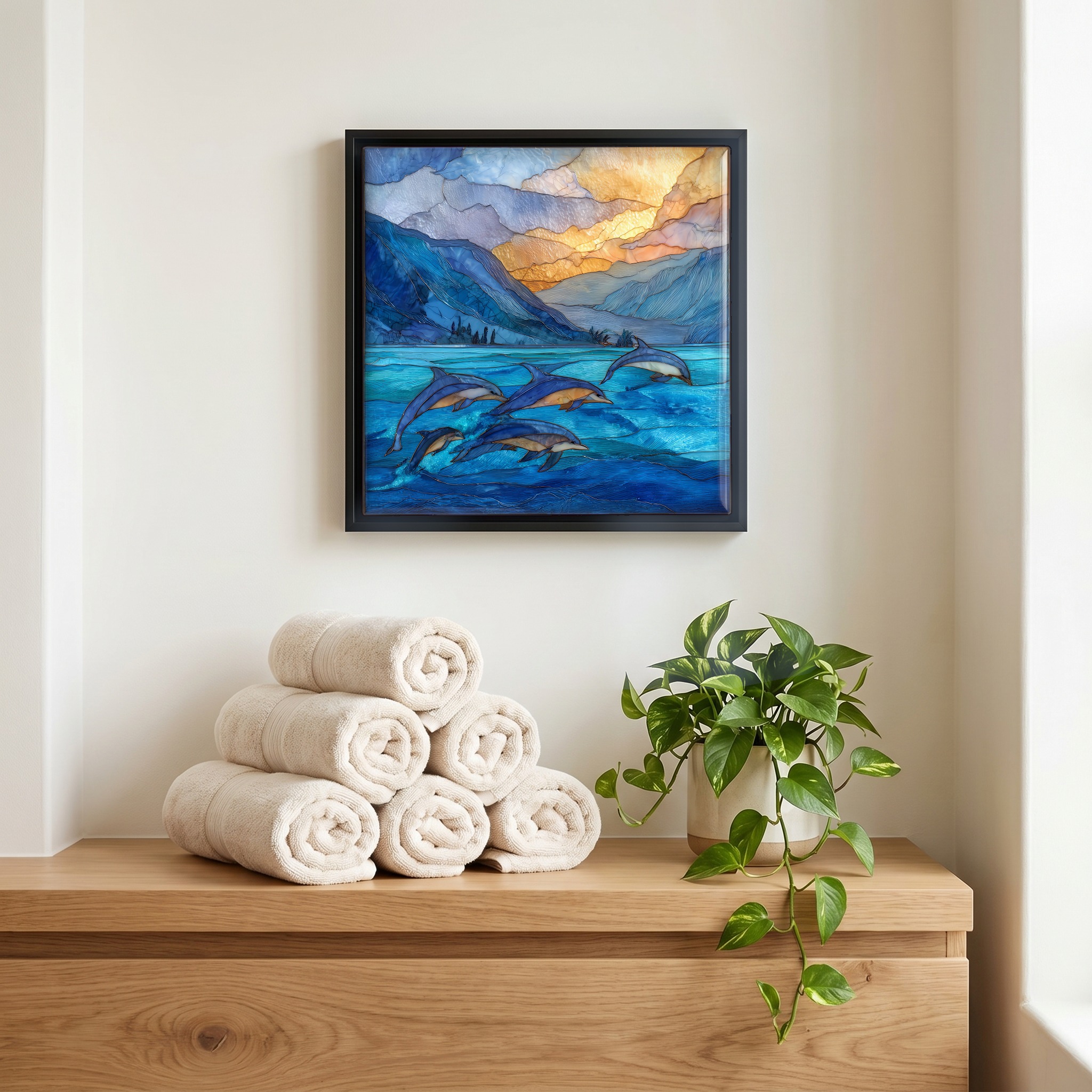 Above the linens, in a slim black surround.