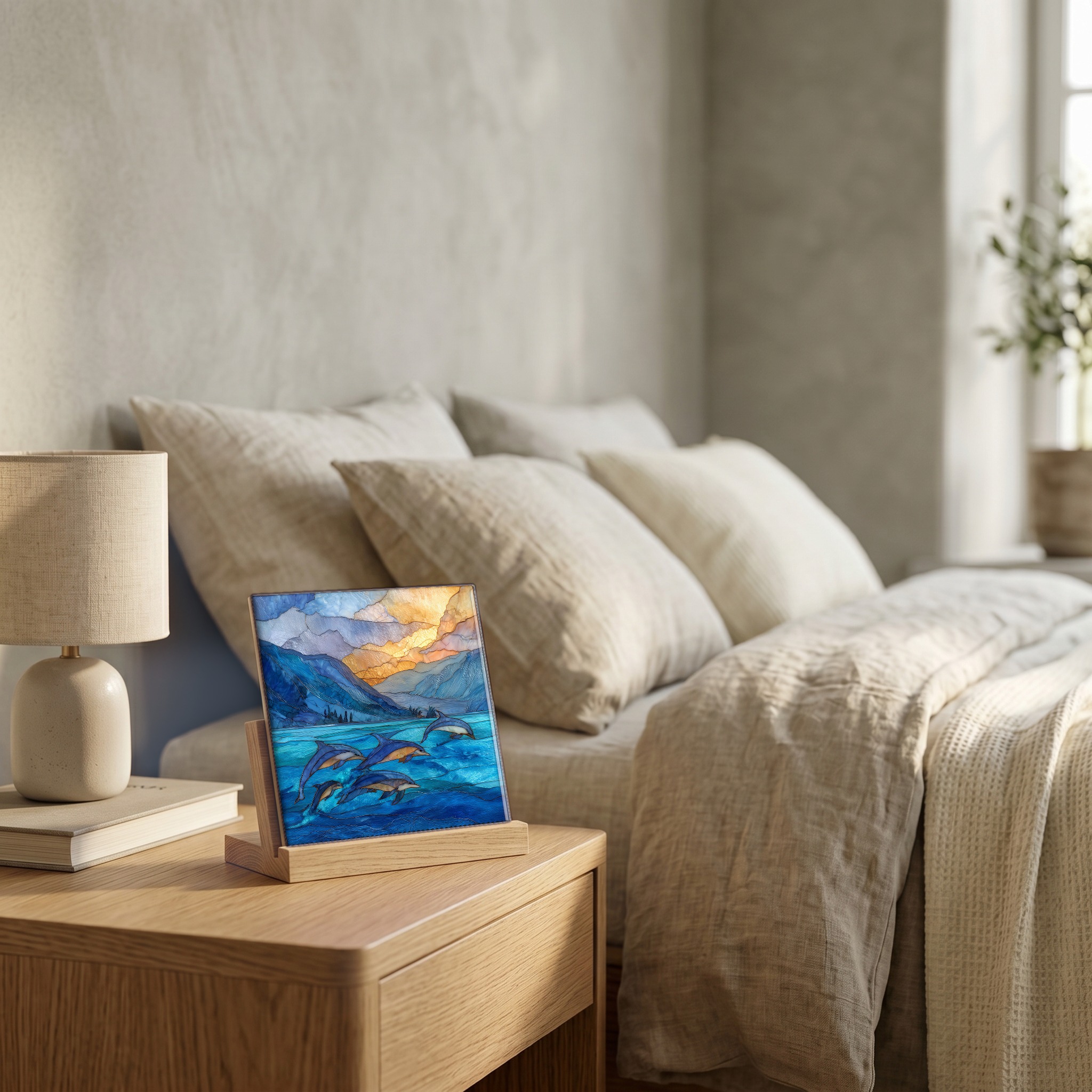 On the nightstand, on a light oak stand.