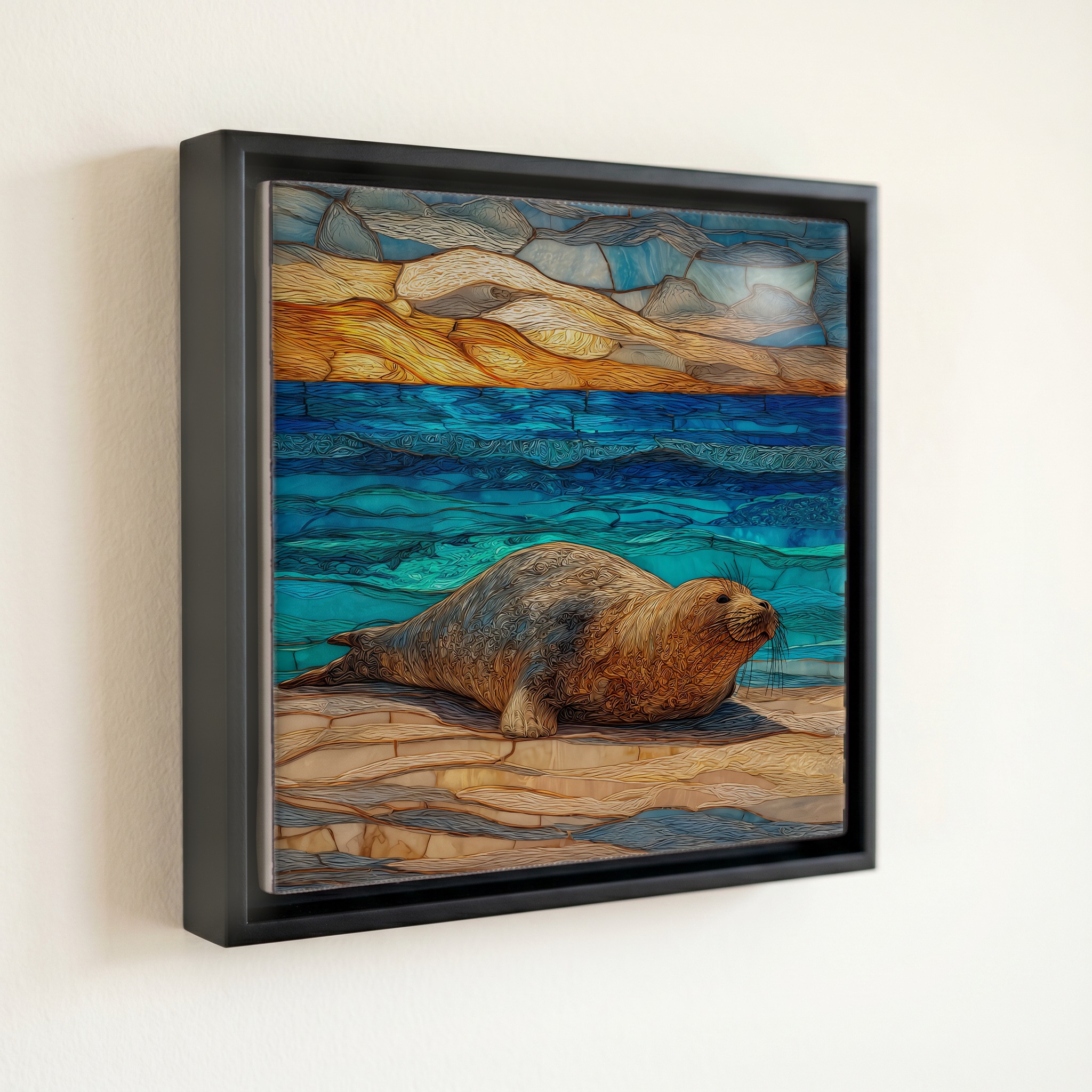shown in a slim black floating frame · 6 × 6 in