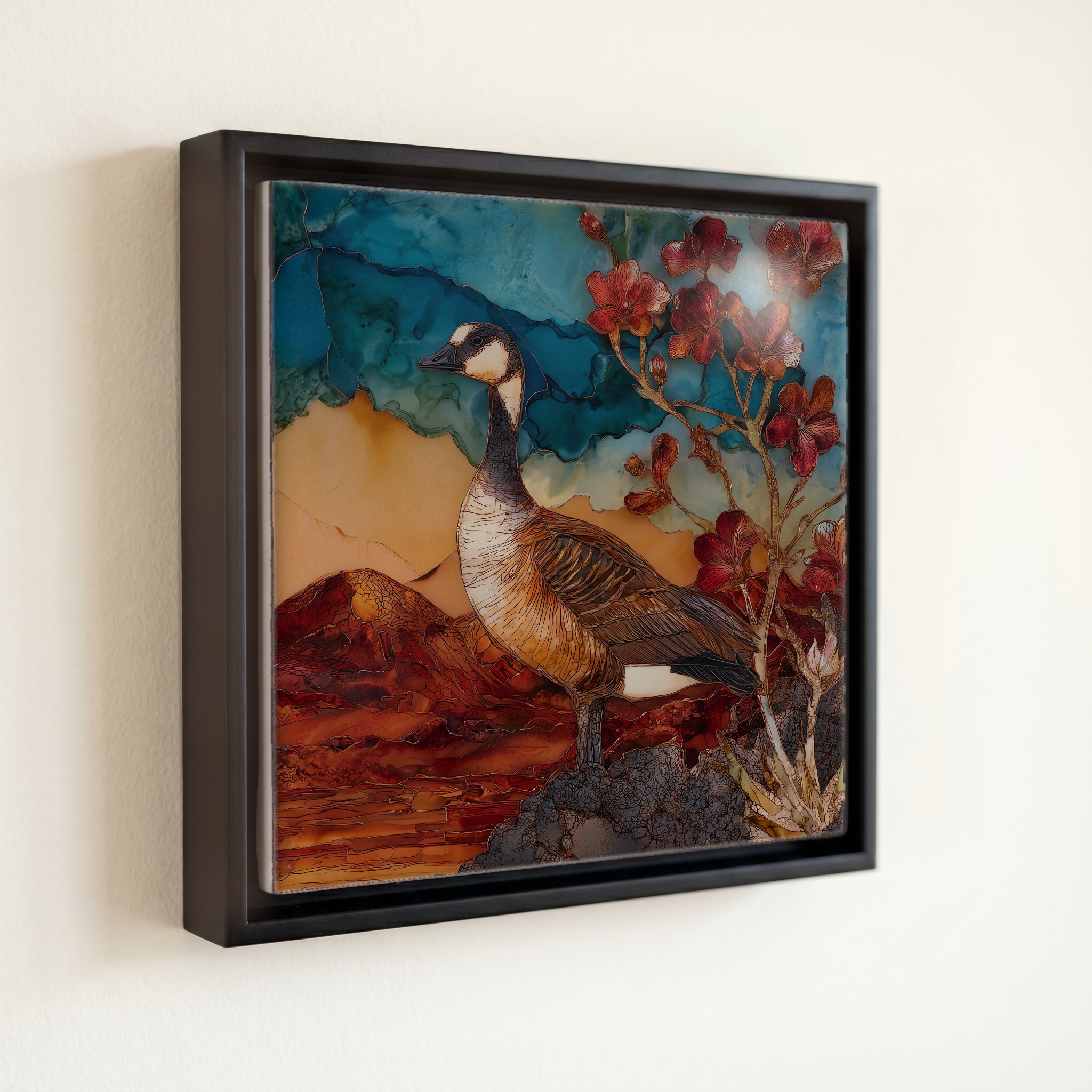 shown in a slim black floating frame · 6 × 6 in