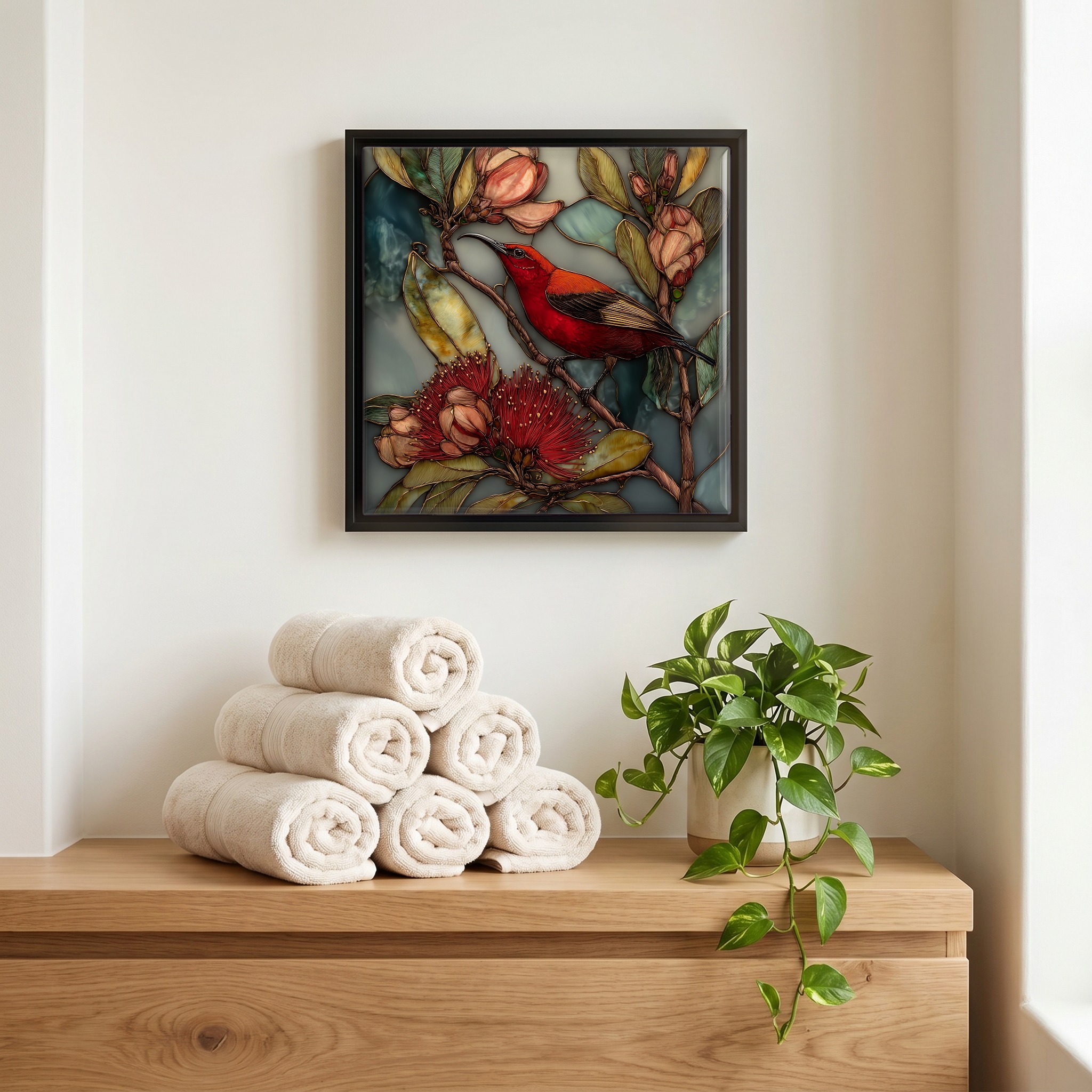 Above the linens, in a slim black surround.