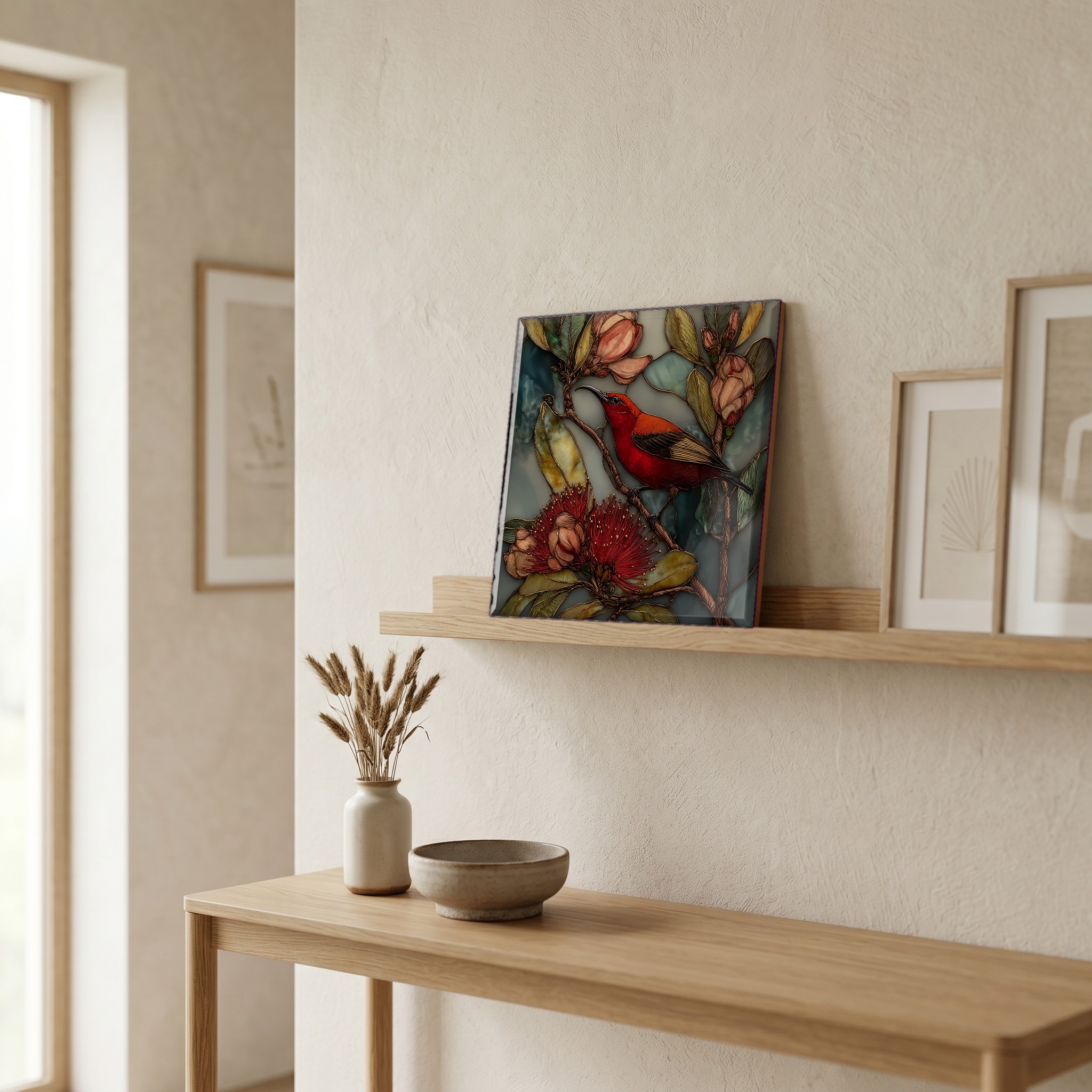 On a picture ledge, where the light comes in.