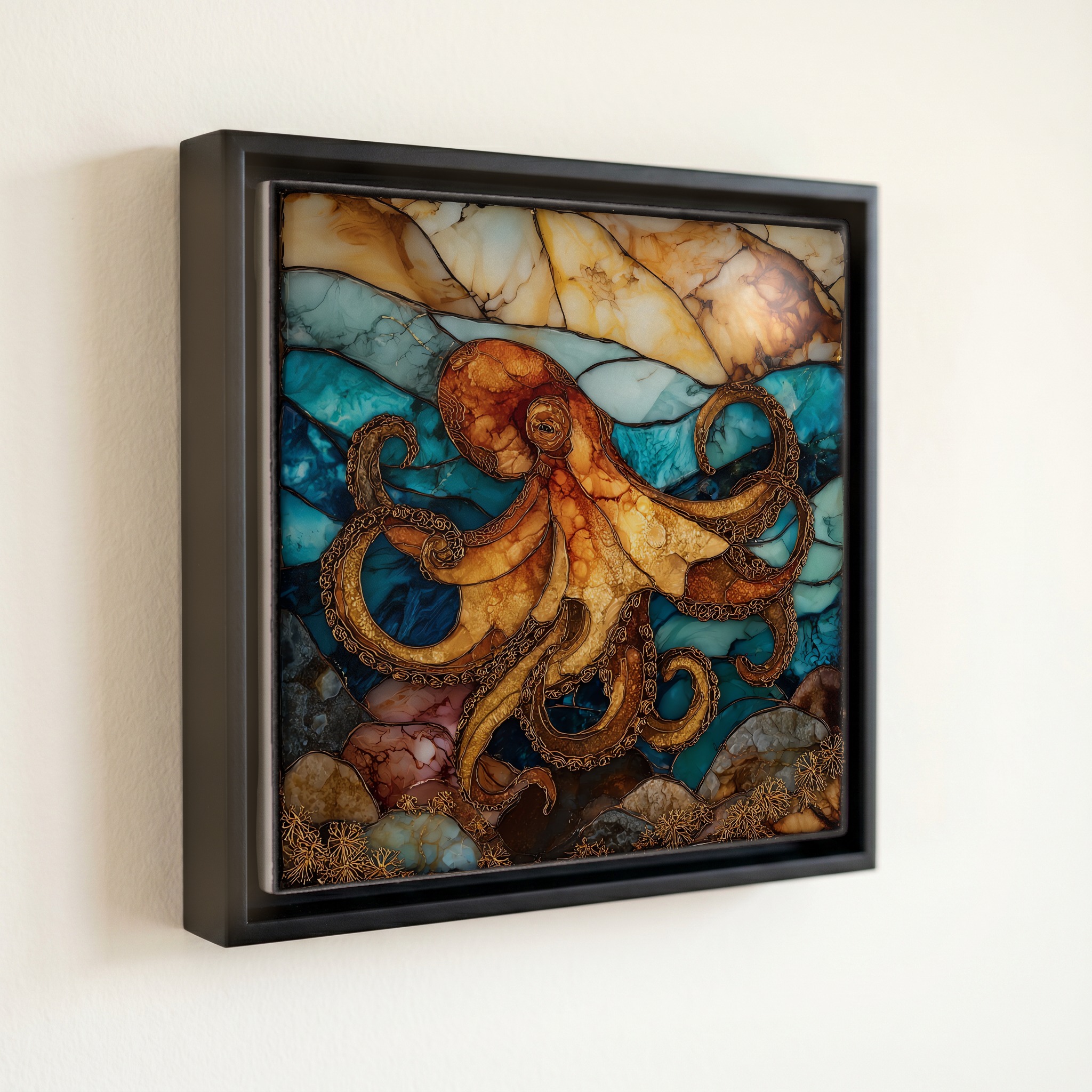 shown in a slim black floating frame · 6 × 6 in